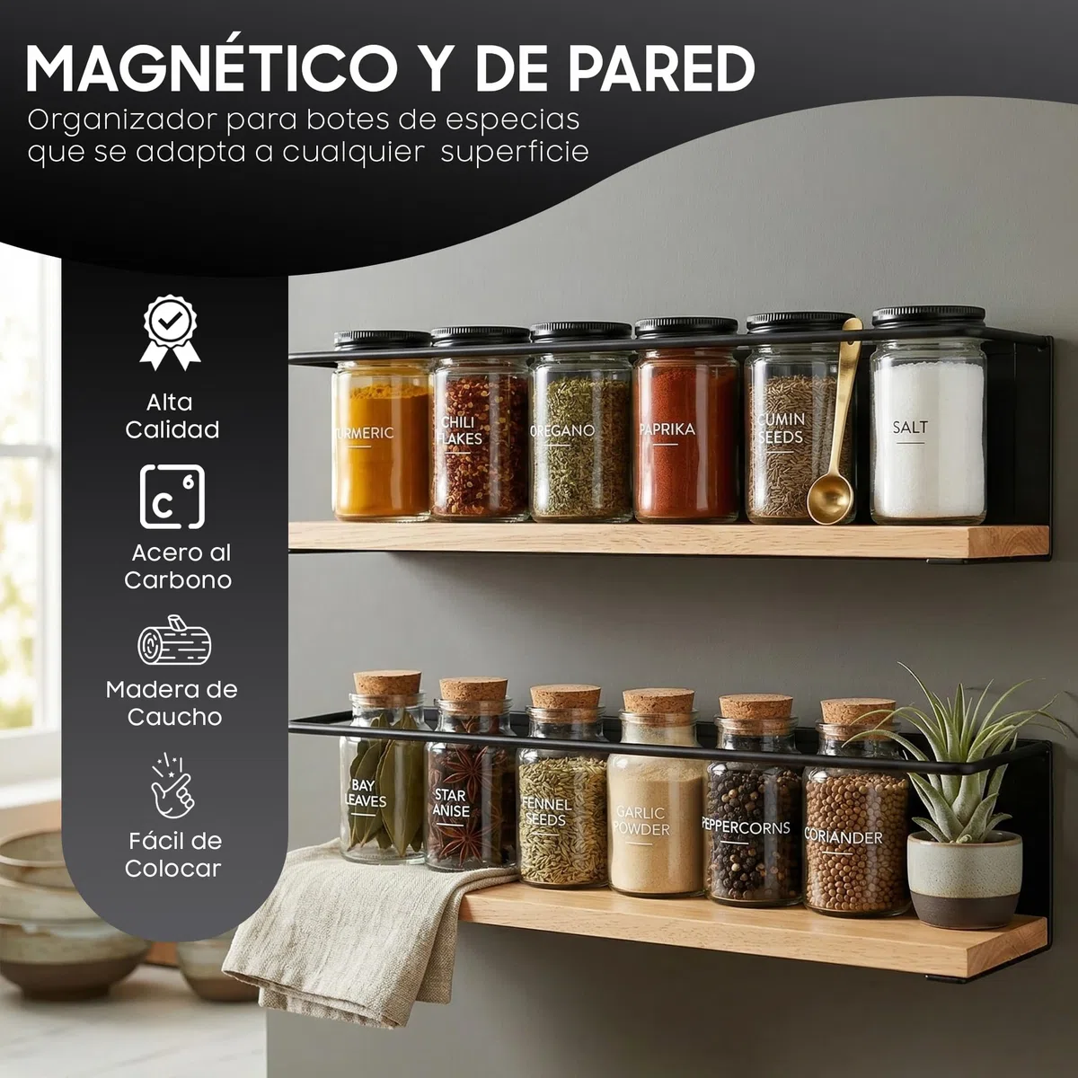Especieros para Cocina Magnéticos – Pack de 2 | Estante de Pared de Acero y Madera para Baño, Cocina o Salón. Organizador de Especias + QR de Regalo | 3 Opciones: Adhesivo, Imán o Tornillos