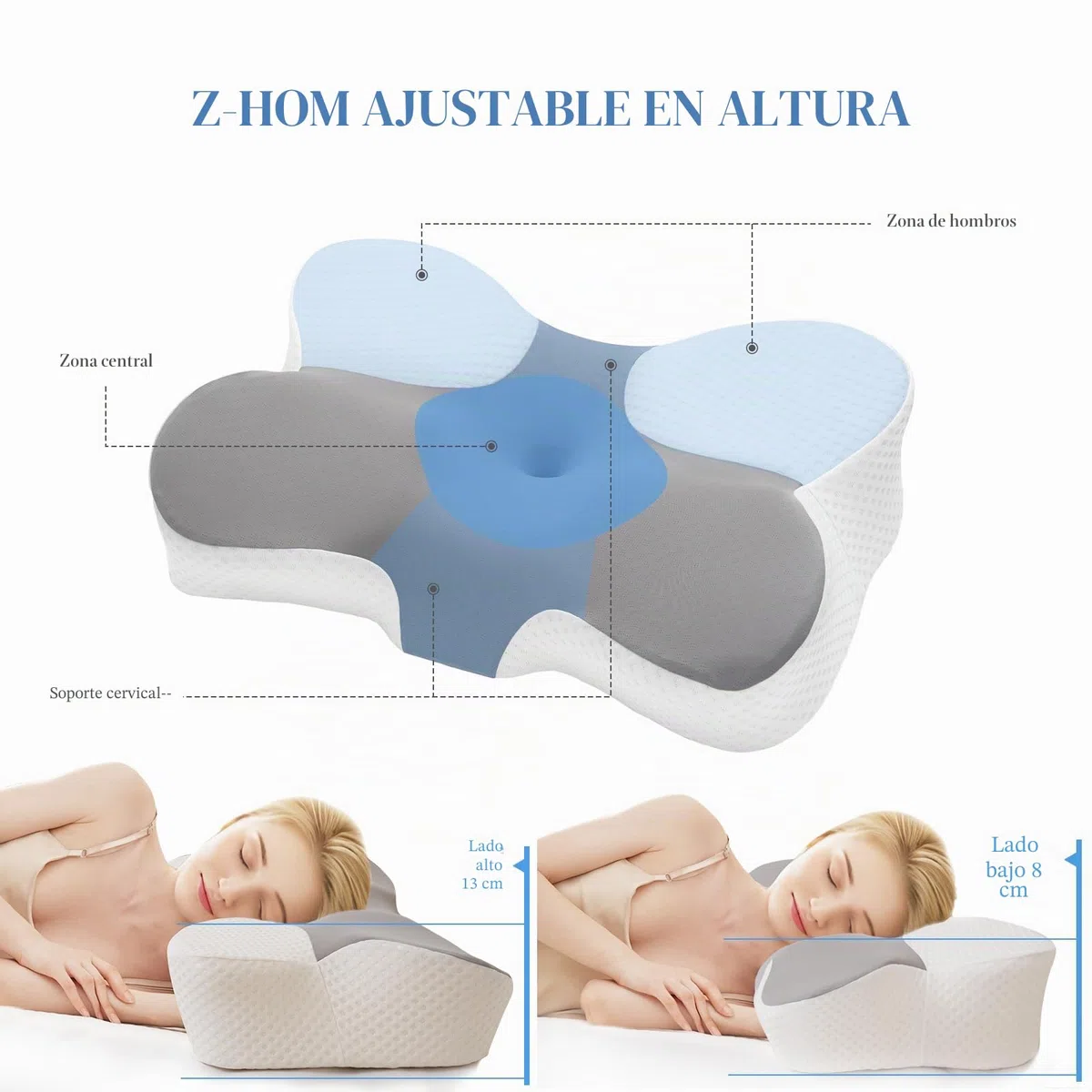 Z-hom Almohada Cervicales y Cuello, Cómoda y Ergonómica, Almohada Ergonómica para Dormir de Lado, Boca Arriba y Boca Abajo, 60x36x13/8cm