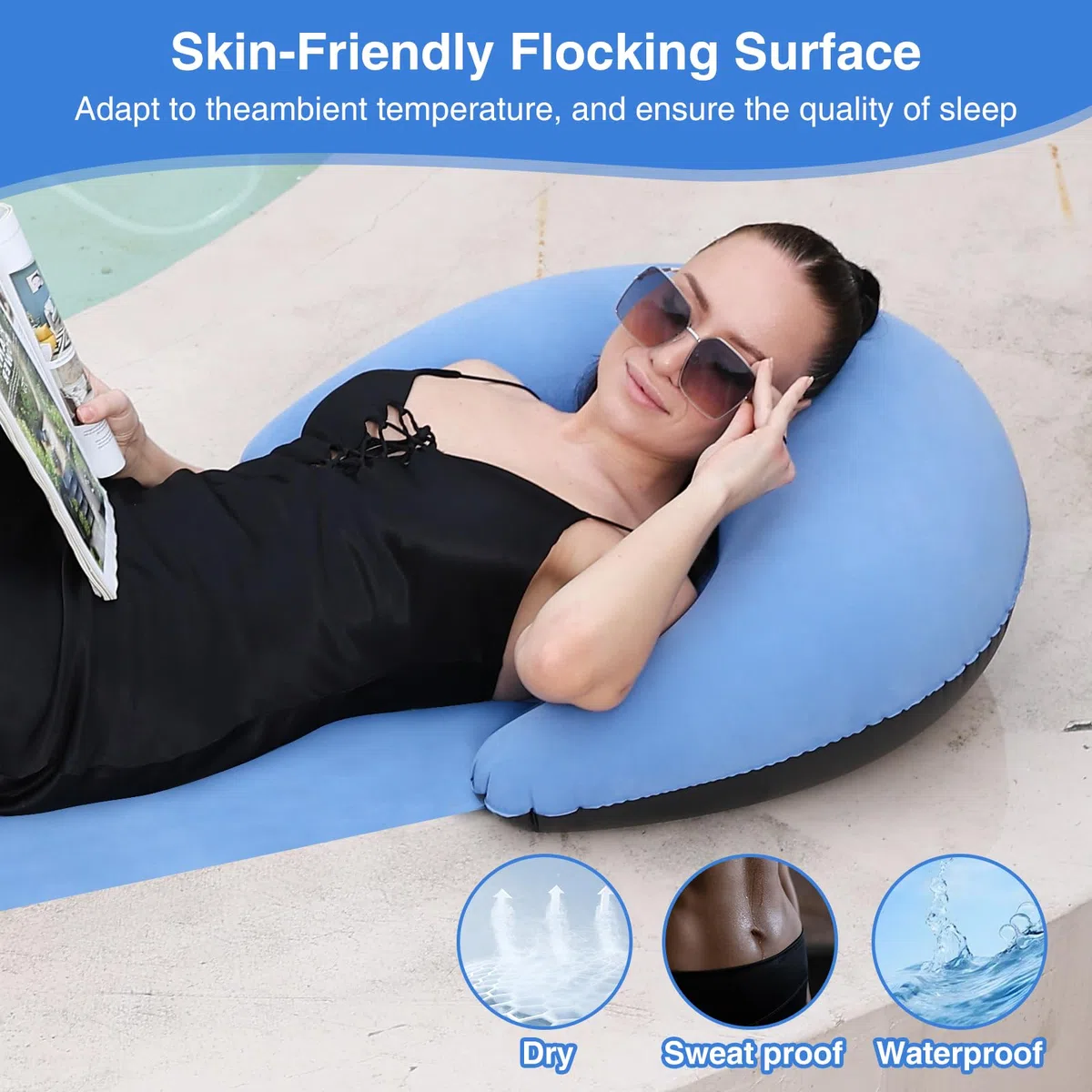 ROUSKY Esterilla de playa con almohada inflable, esterilla portátil, 178 x 76 cm (azul)