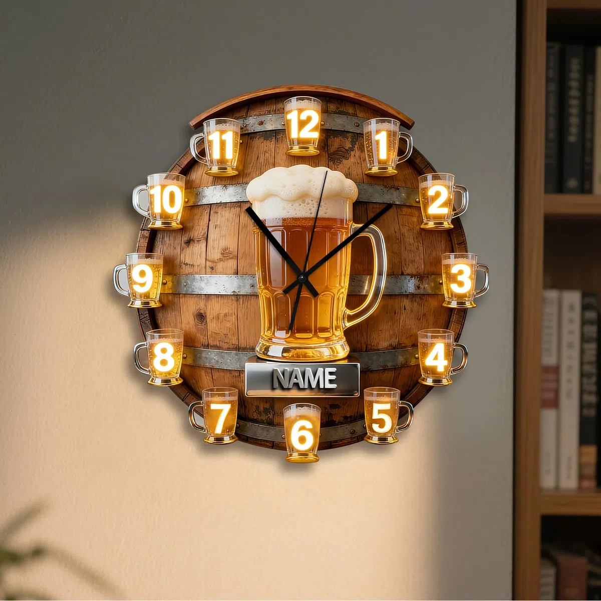 Reloj de pared personalizado con temática de cerveza para dormitorio, sala de estar, oficina, bar, club, nombre personalizado, Cheers, jarra de cerveza, arte de pared, impresión plana 2D, decoración