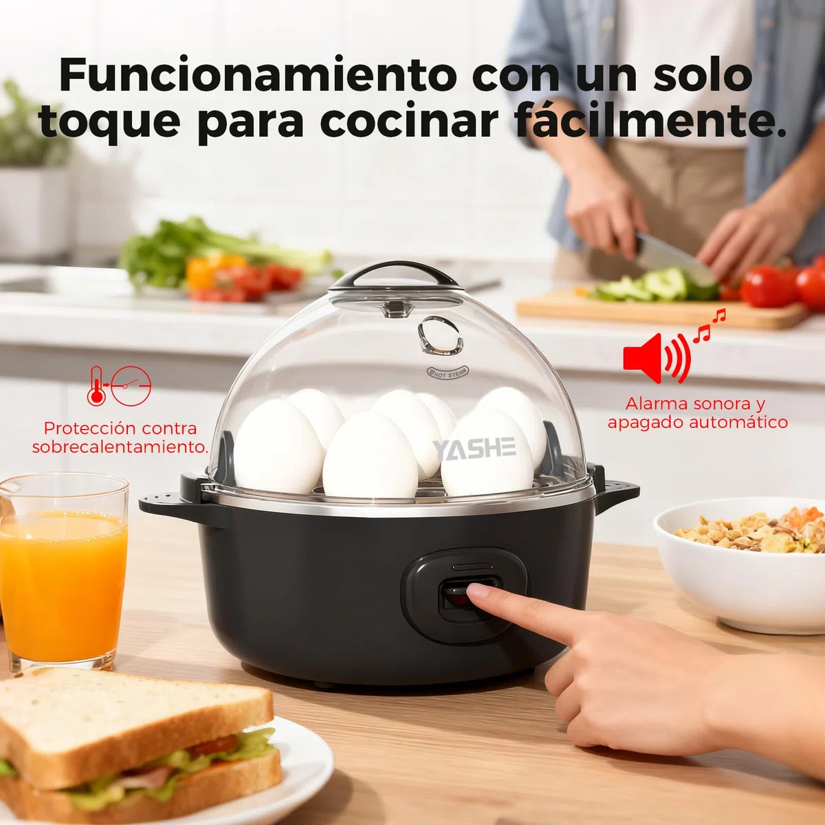 YASHE Cocedor de huevos, 7 huevos duros, para escalfar huevos, tortillas, bandeja y recipiente para huevos libres de BPA, señal acústica