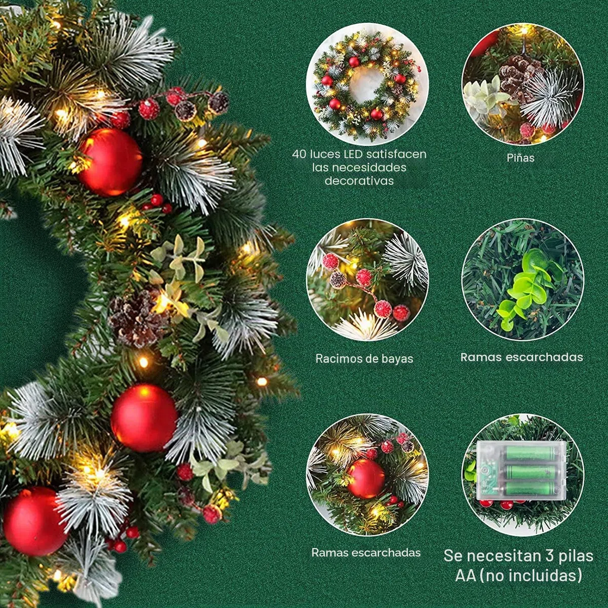 Guirnalda navideña de 40 cm, decoración para puerta de entrada, con luces LED y gancho, guirnaldas artificiales para ventana, chimenea, decoración navideña de pared, para interior y exterior,