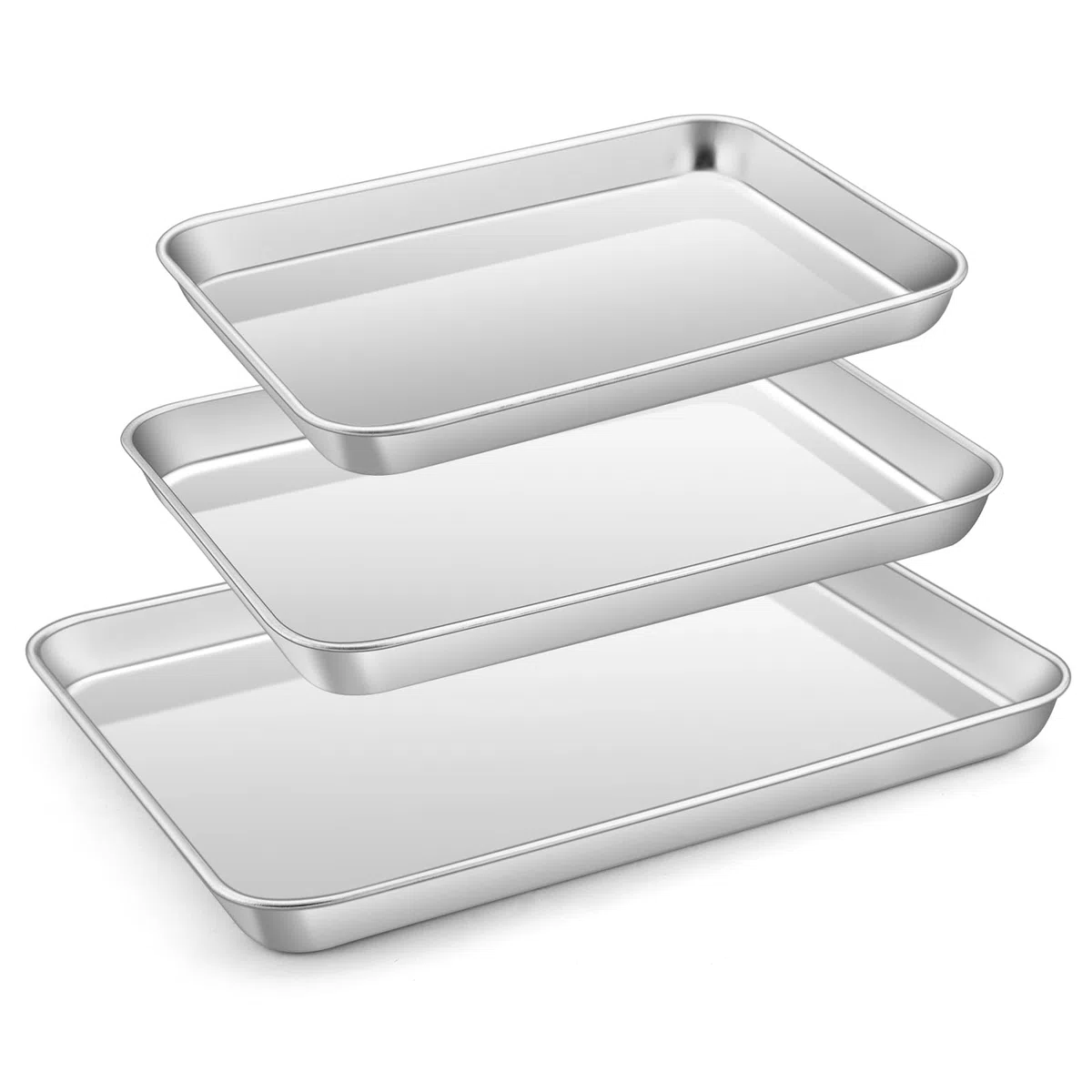 E-far Juego de 3 bandejas de acero inoxidable para hornear de 12.4 pulgadas, 10.5 pulgadas, 9.4 pulgadas para horno, bandeja de metal con borde para cocinar tocino, no tóxica y apta para lavavajillas