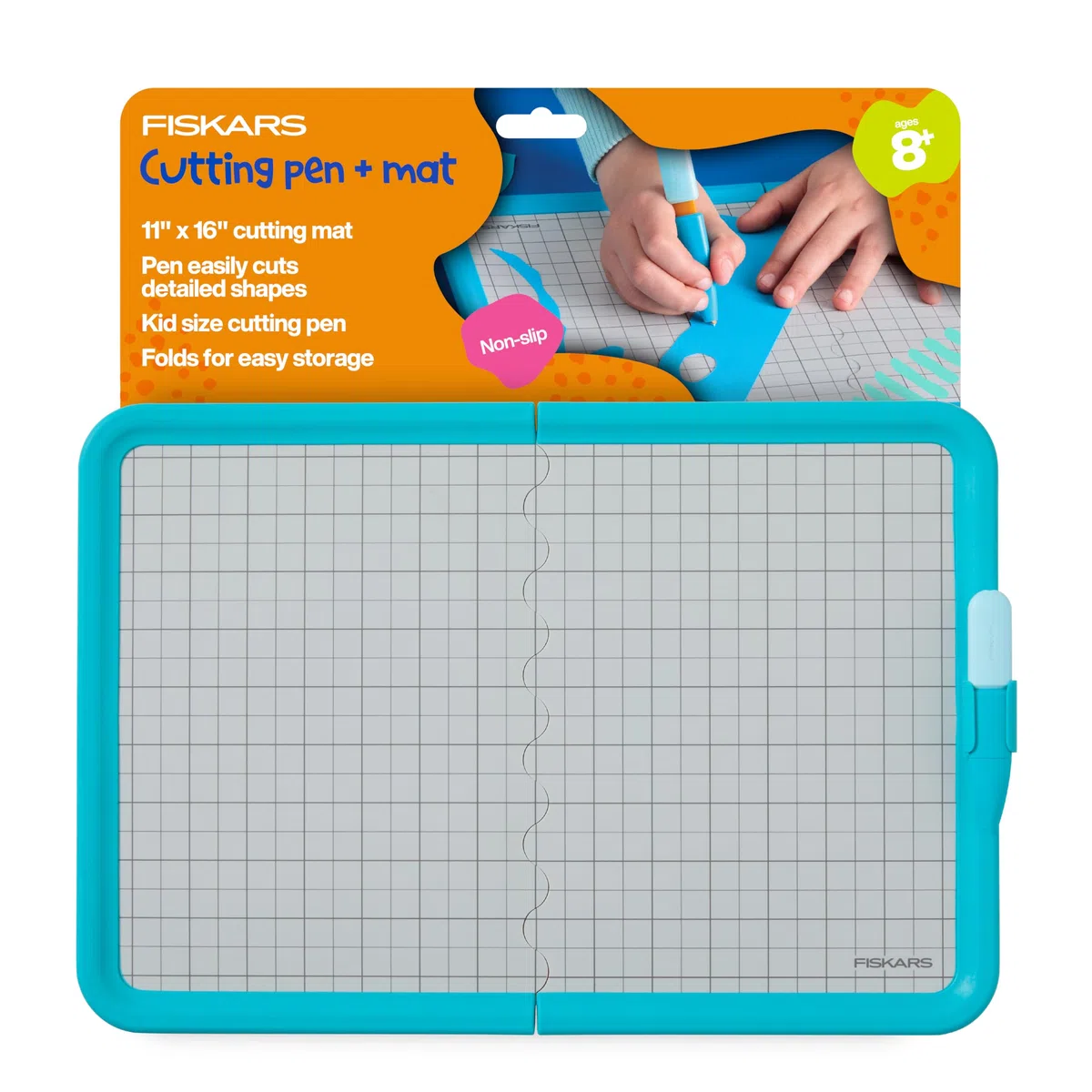 Fiskars Bolígrafo de corte y alfombrilla para niños, herramienta de corte de precisión segura con alfombrilla antideslizante plegable para manualidades y proyectos escolares