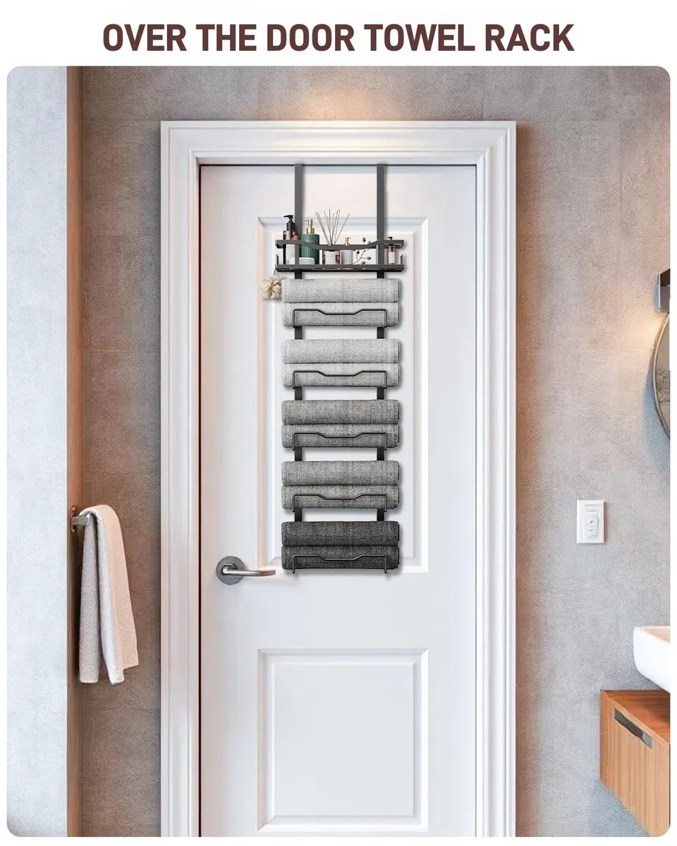 Toalleros Colgantes para baño, sin Taladro, Organizador de Almacenamiento de Toallas de baño sobre la Puerta, Soporte Vertical para Toallas enrolladas, Caravana, Ideas de baño pequeñas, Color Negro