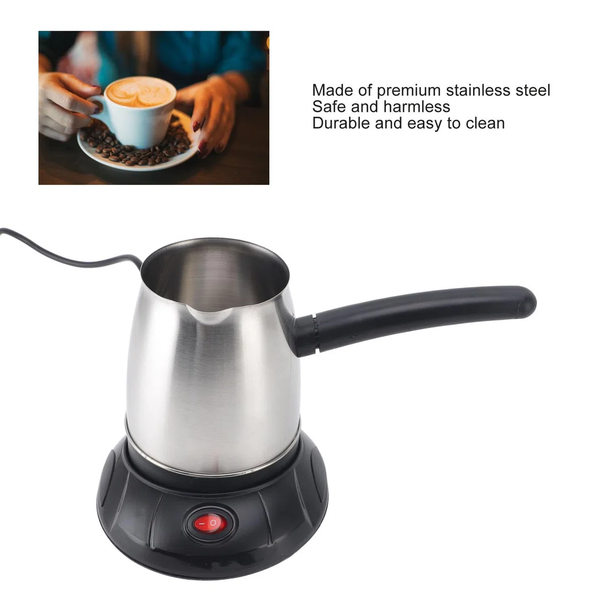 Cafetera Turca Eléctrica de Acero Inoxidable, 600W, 500ML, con Grande Extraíble para Uso Familiar, Enchufe Europeo de 220V