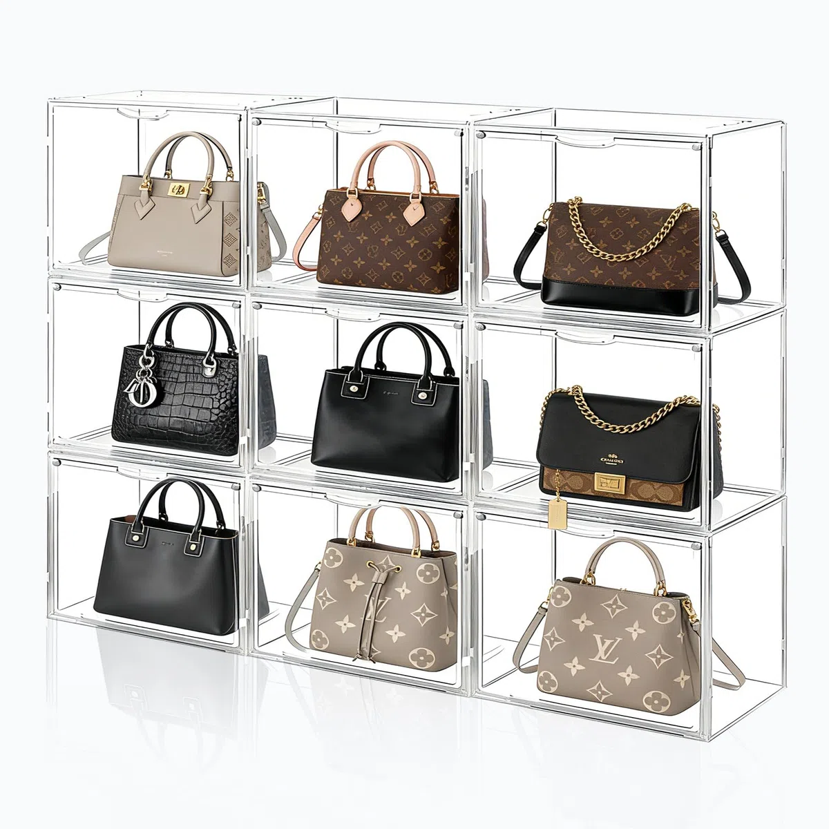 Organizadores transparentes de almacenamiento de bolsos para armario, 9 paquetes de plástico acrílico para bolsos, zapatos, juguetes, vitrina de exhibición de juguetes, bolsa apilable de lujo