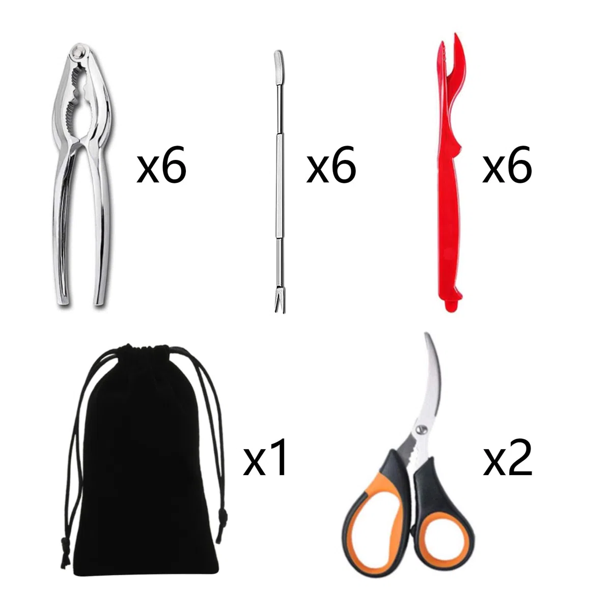 Artcome Juego de 21 herramientas de mariscos – 6 galletas de cangrejo, 6 conchas de langosta, 6 tenedores de cangrejo, 2 tijeras de mariscos y 1 bolsa de almacenamiento