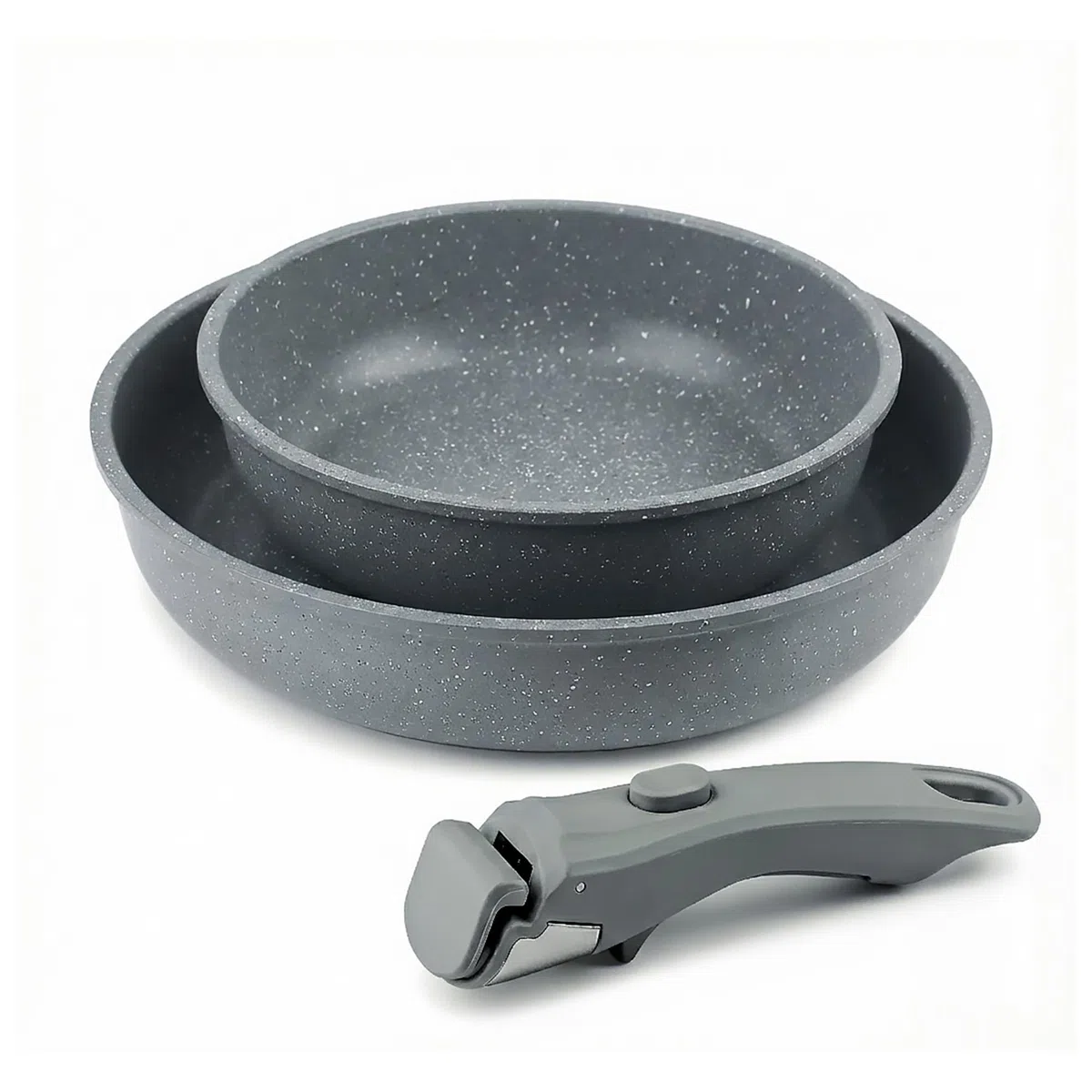 CASTEY - Easy Pan Duo, Set de Sartenes con Mango Desmontable, Aluminio, Doble Recubrimiento Antiadherente, Apto para Horno y Todas las Cocinas, Fácil Limpieza, Gris