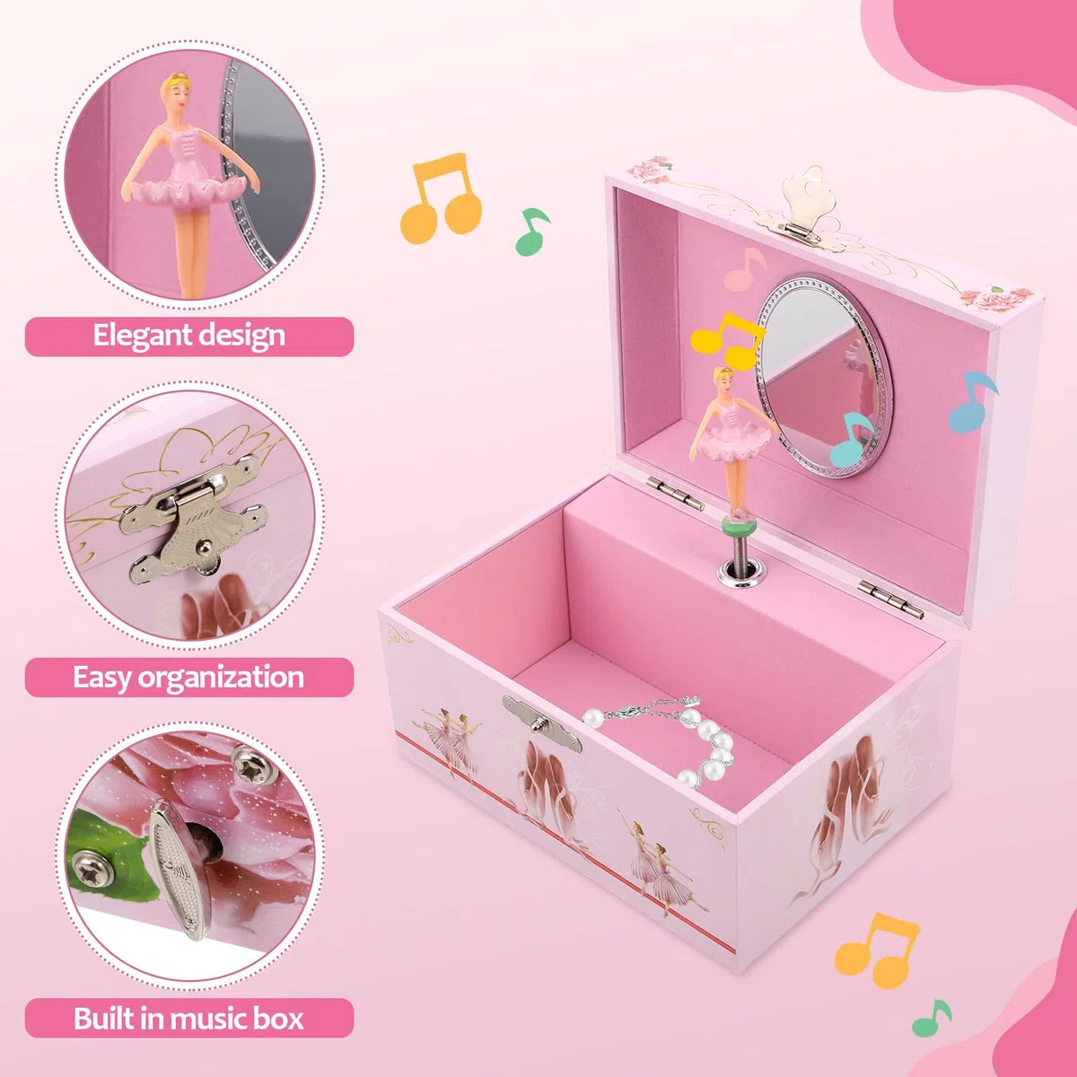 Toyvian Caja de Música de Bailarina Rosa para Niñas con Almacenamiento de Joyas, Giratoria Compartimentos, Tamaño Portátil Adecuado para Habitación Infantil