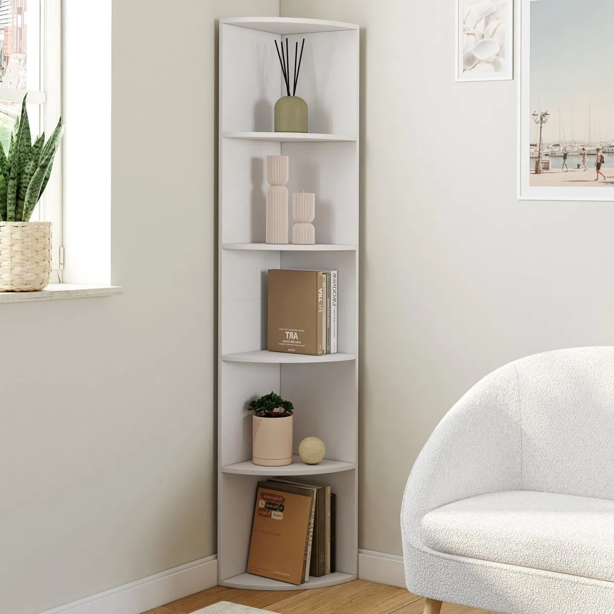 IDMarket – Estantería de pared esquinera MODULA 5 niveles, color blanco para colocar o fijar