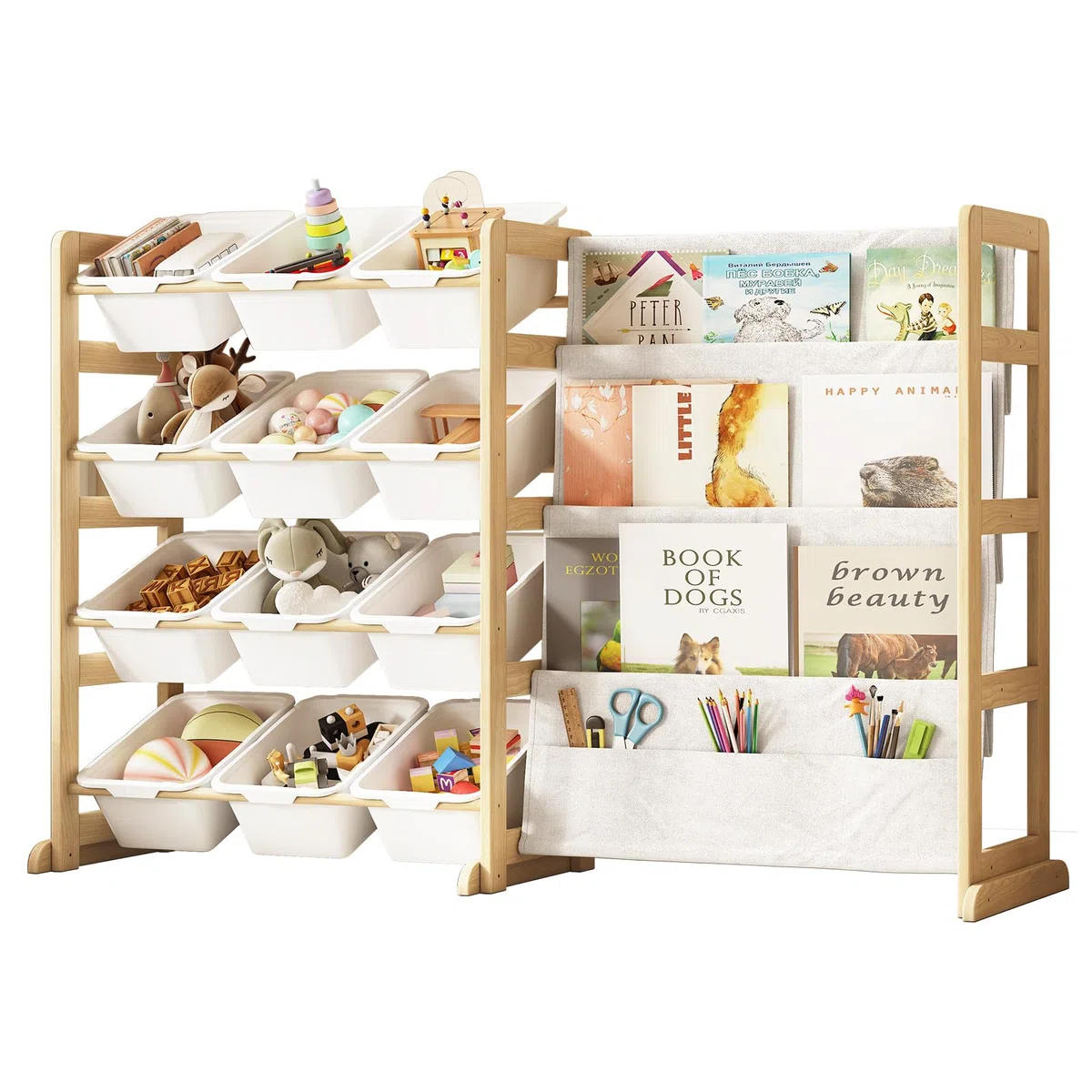 EXPERLAM Organizador de almacenamiento de juguetes con estantería, 12 contenedores de almacenamiento, estante multiusos de 4 niveles para organizar juguetes y libros para habitación de niños, sala de