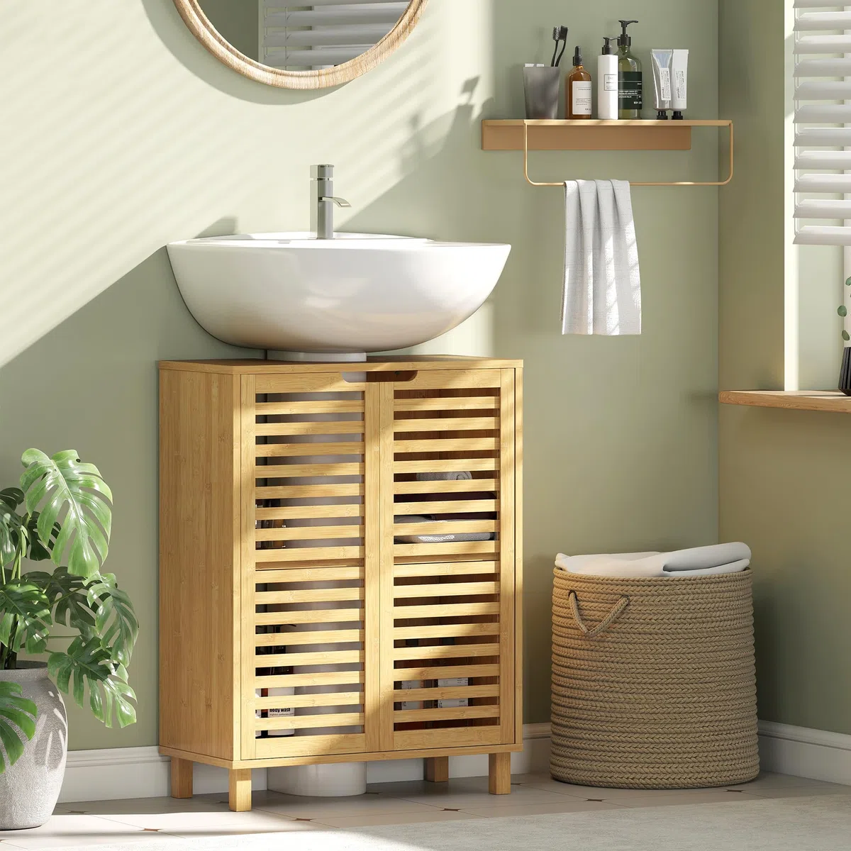 HOMCOM Mueble Bajo Lavabo de Bambú 2 Puertas de Lamas 60x30x80cm Natural | Estante Regulable, Mueble de Baño, para Lavabos con o sin Pedestal
