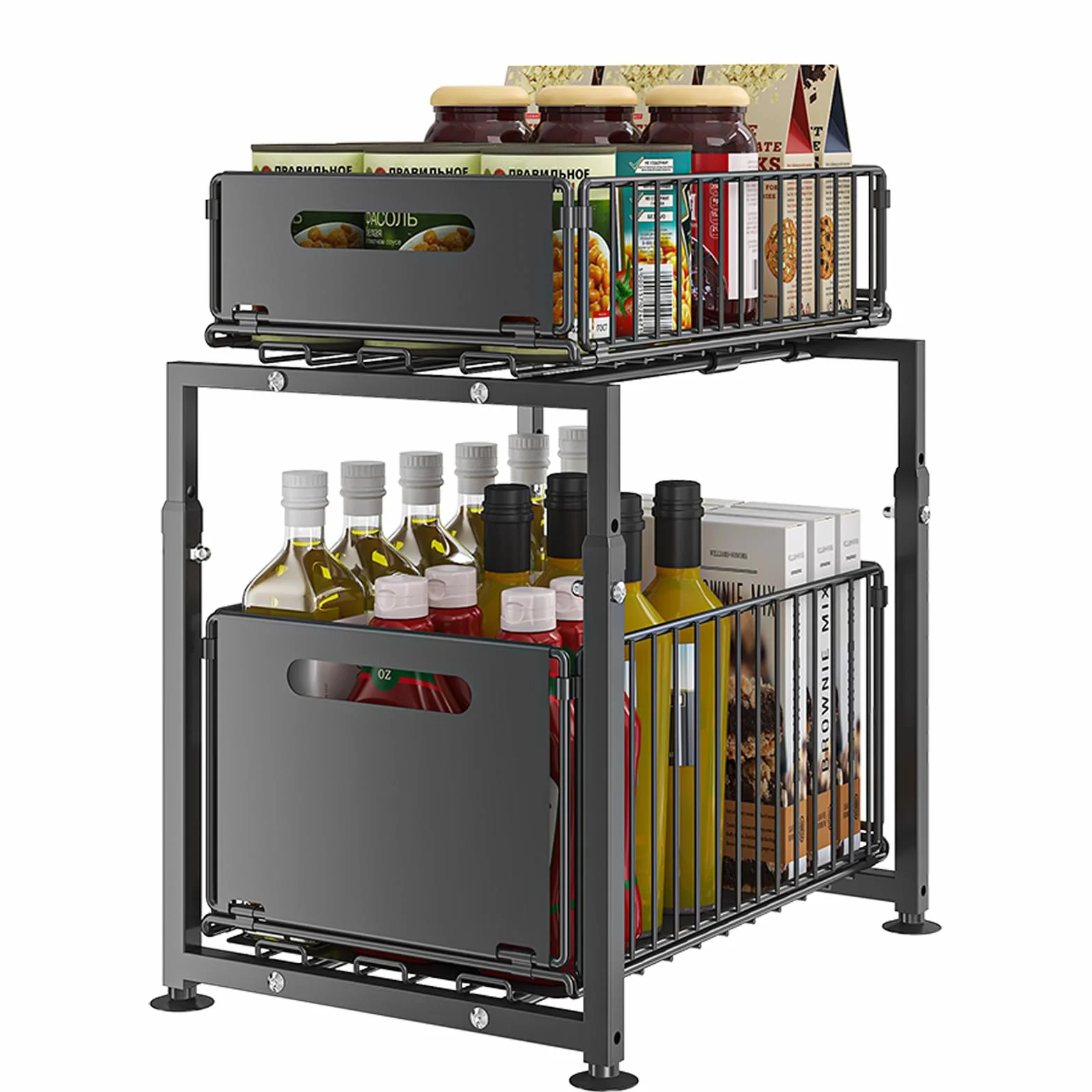 YunNasi Organizador de Cocina Almacenamiento bajo Fregadero de Metal Organizador 2 Niveles Extraíble Estante para Especias (Negro, Modelo-A)