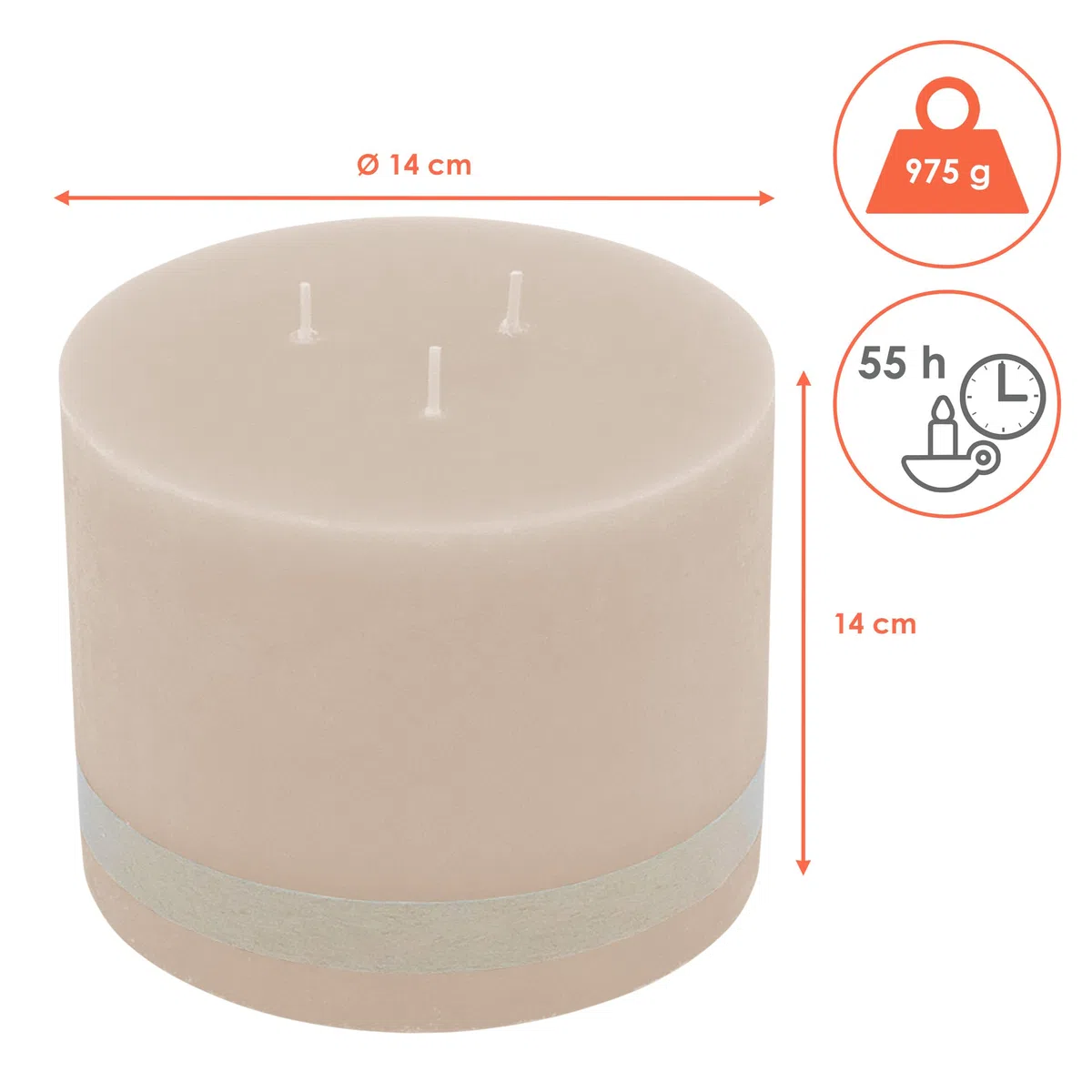 Vela XL de 3 mechas de 14 cm de diámetro, sin perfume, color beige, con 55 horas de combustión, redonda, inodora