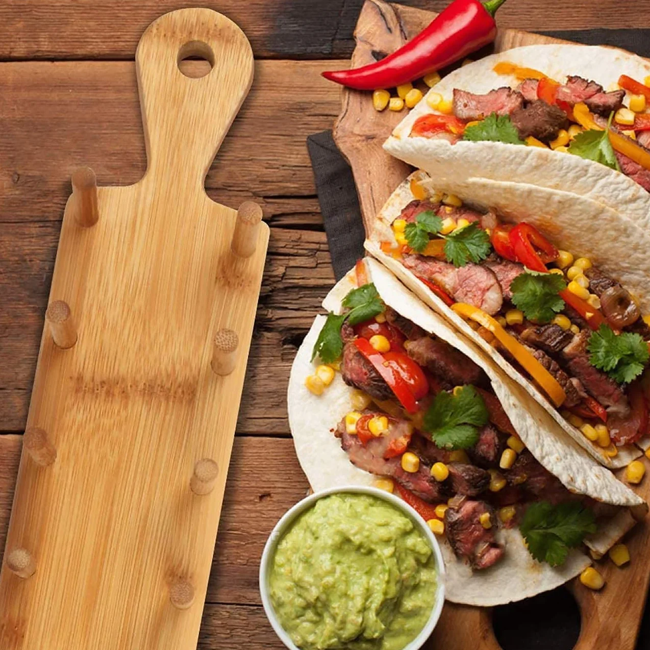 Soporte De Tacos De Madera, Soporte De Bandeja De Soporte De Taco De Bambú Que Puede Contener Hasta 8 Tacos Cada uno, Para Servir Bandejas De Tacos De Estilo Alimenticio De Cáscara Suave (1)