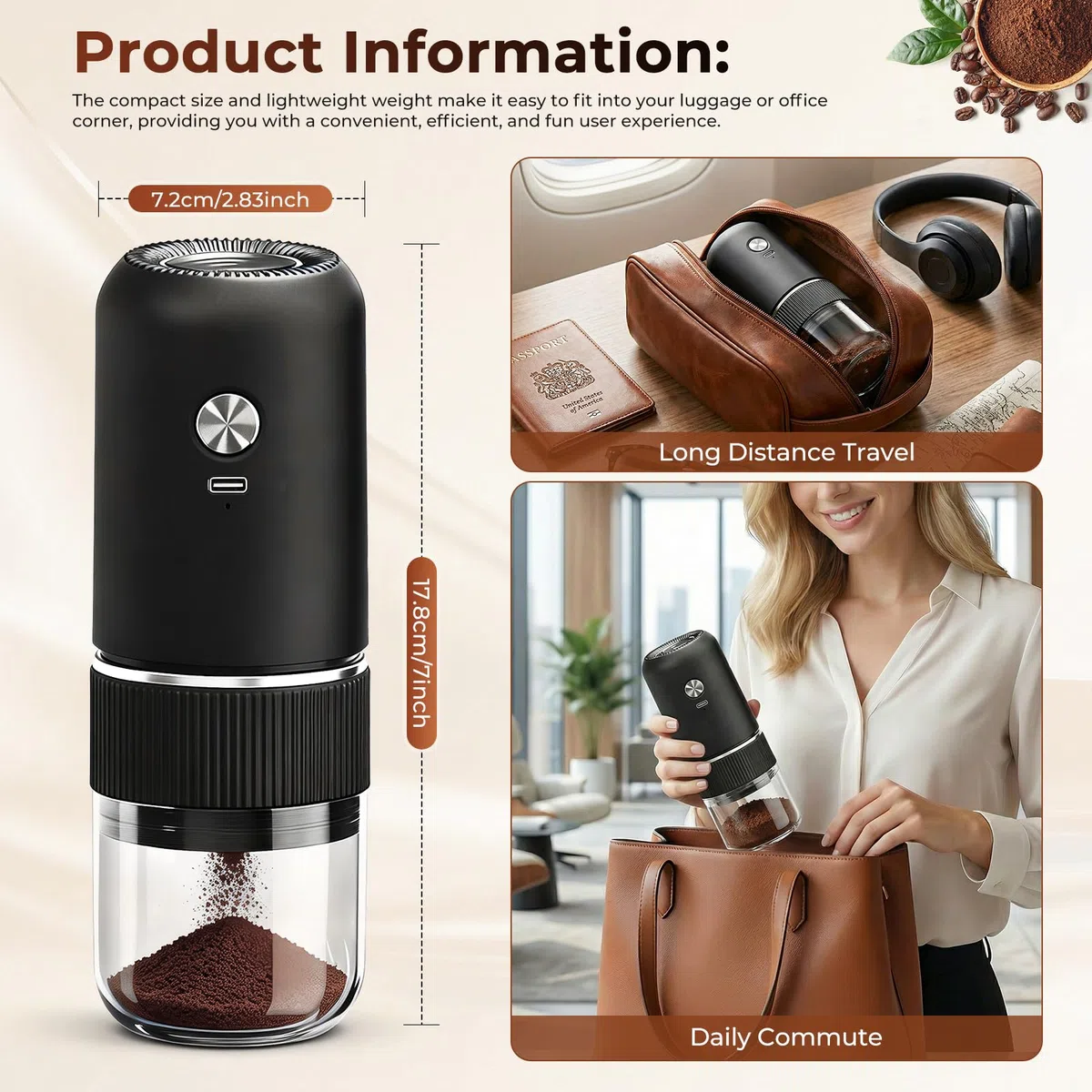Molinillo de Café Eléctrico, USB Rechargeable Molinillo de Cafe con Mecanismo de Cerámica, Grosor Ajustable Moledor de Cafe Portátil Molino Café Expreso Eléctrico para Hogar, Oficina