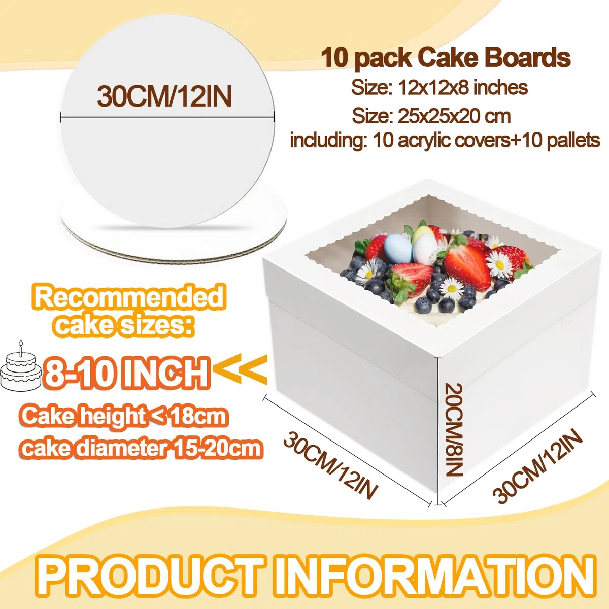 10 juegos de Cajas para Tartas, 30,5 x 30,5 x 20,3 cm Caja Tarta de Cartón Con Ventana Transparente y Bandeja,Recipiente para Tartas