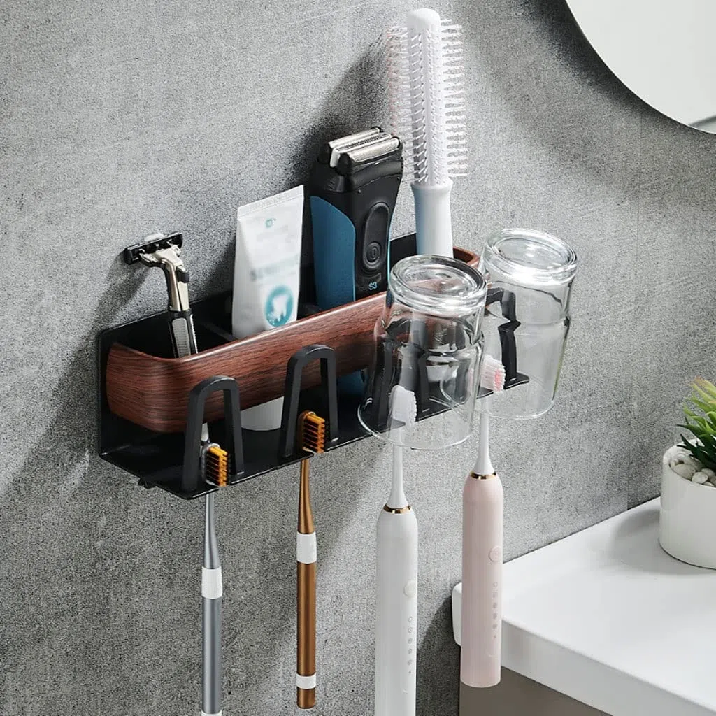 Estante Para Cepillos de Dientes Soporte de cepillo de dientes de grano de madera montada en la pared estante de almacenamiento multifuncional soporte for la pasta de dientes del baño con accesorios d
