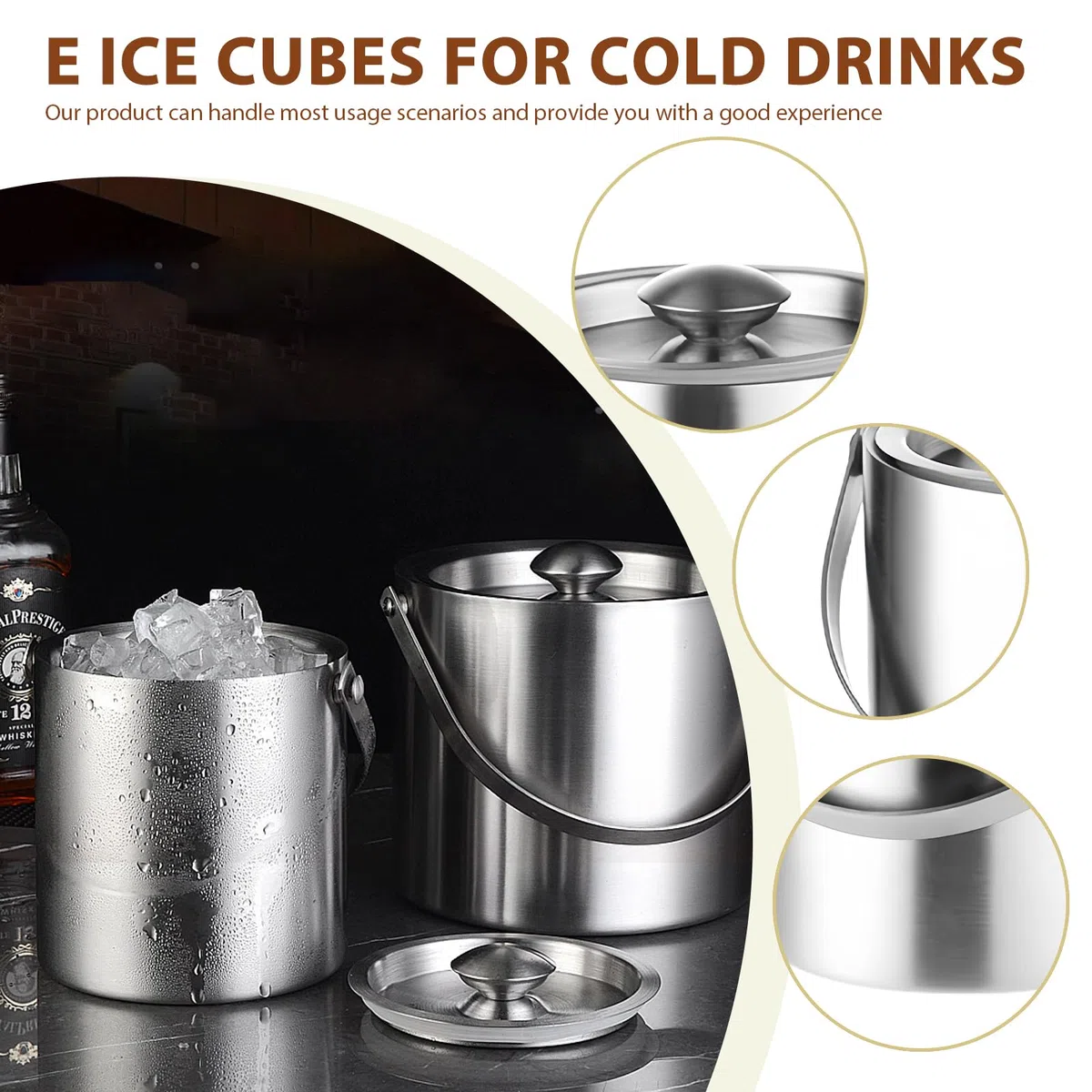 Cubitera con Tapa Hermética, 2 litros Cubitera de Acero Inoxidable, Cubo de Champán Doble Pared Aislante Térmico con Pinza, Cubitera de Hielo para Fiestas Bares Ice Maker