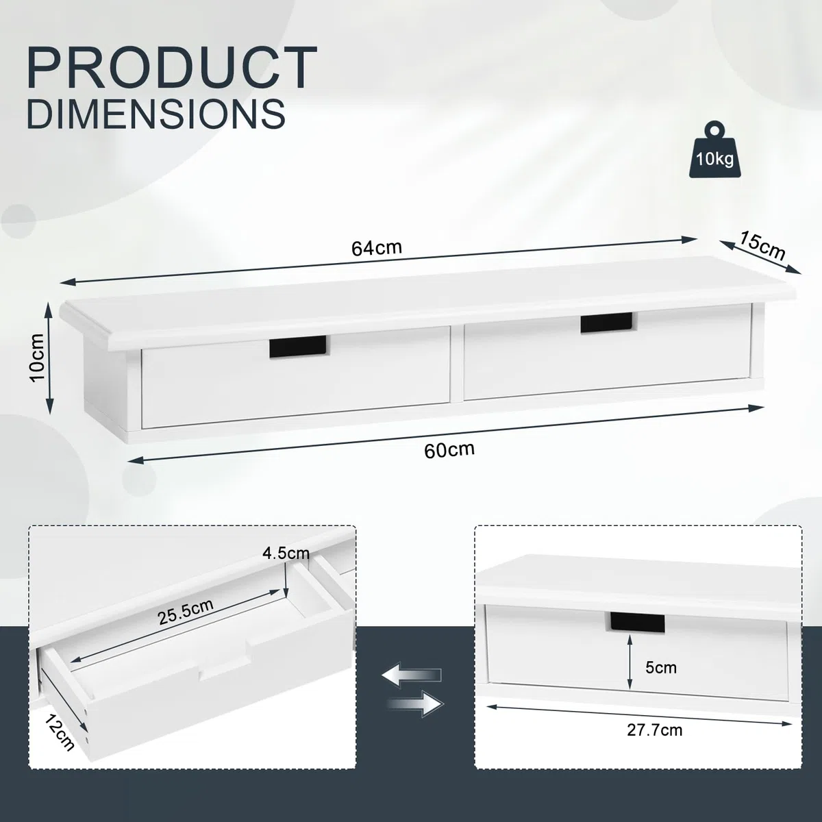 WOLTU Estante de Pared con 2 Cajones Pequeñas, Mesita de Noche Colgante para Dormitorio, Estante Flotante para Cocina, Salón y Pasillo, Blanco, 64x15x10 cm, RG9487ws
