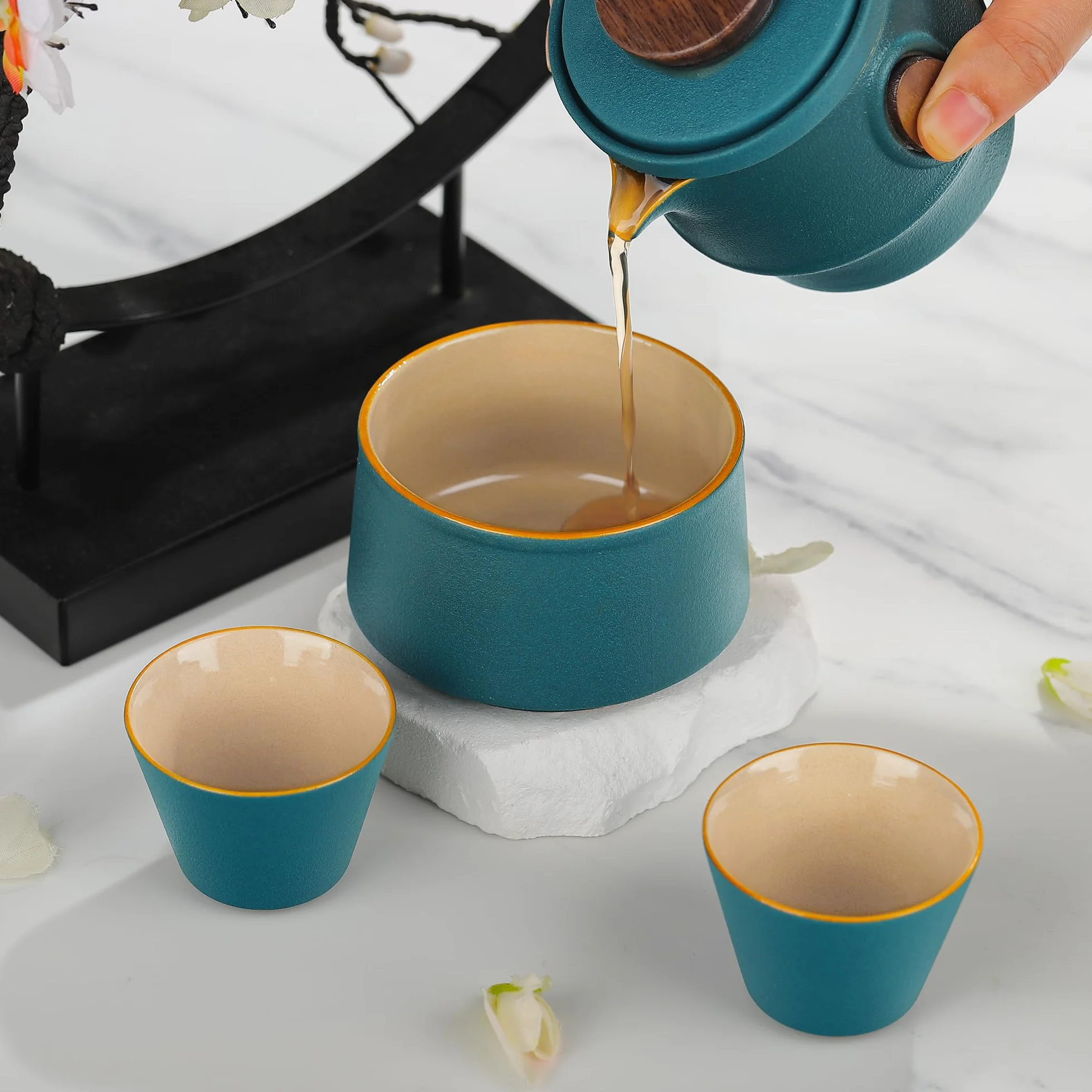 fanquare Juego de Té Portátil de Viaje con Estuche Tetera de Kung Fu China de Porcelana Verde con Infusor Mini 1 Tetera 3 Tazas para Exterior