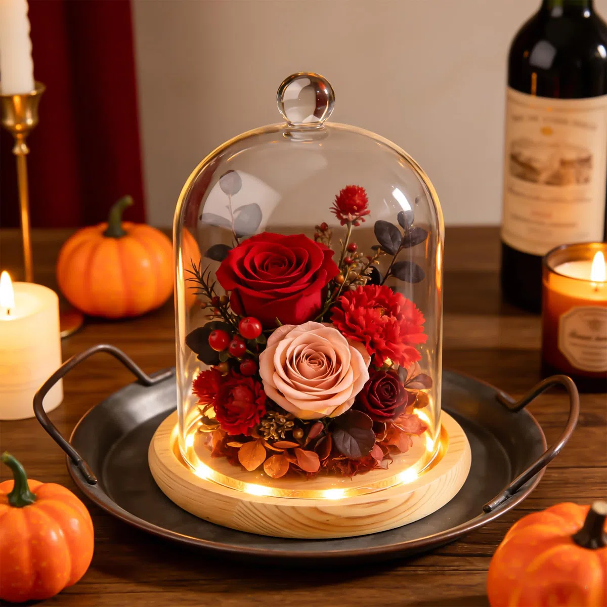 Campana de cristal decorativa con asa, cúpula de cristal transparente de 12 * 18 cm, base de madera amarilla, para guirnaldas luminosas, decoración de mesa y antigüedades, plantas