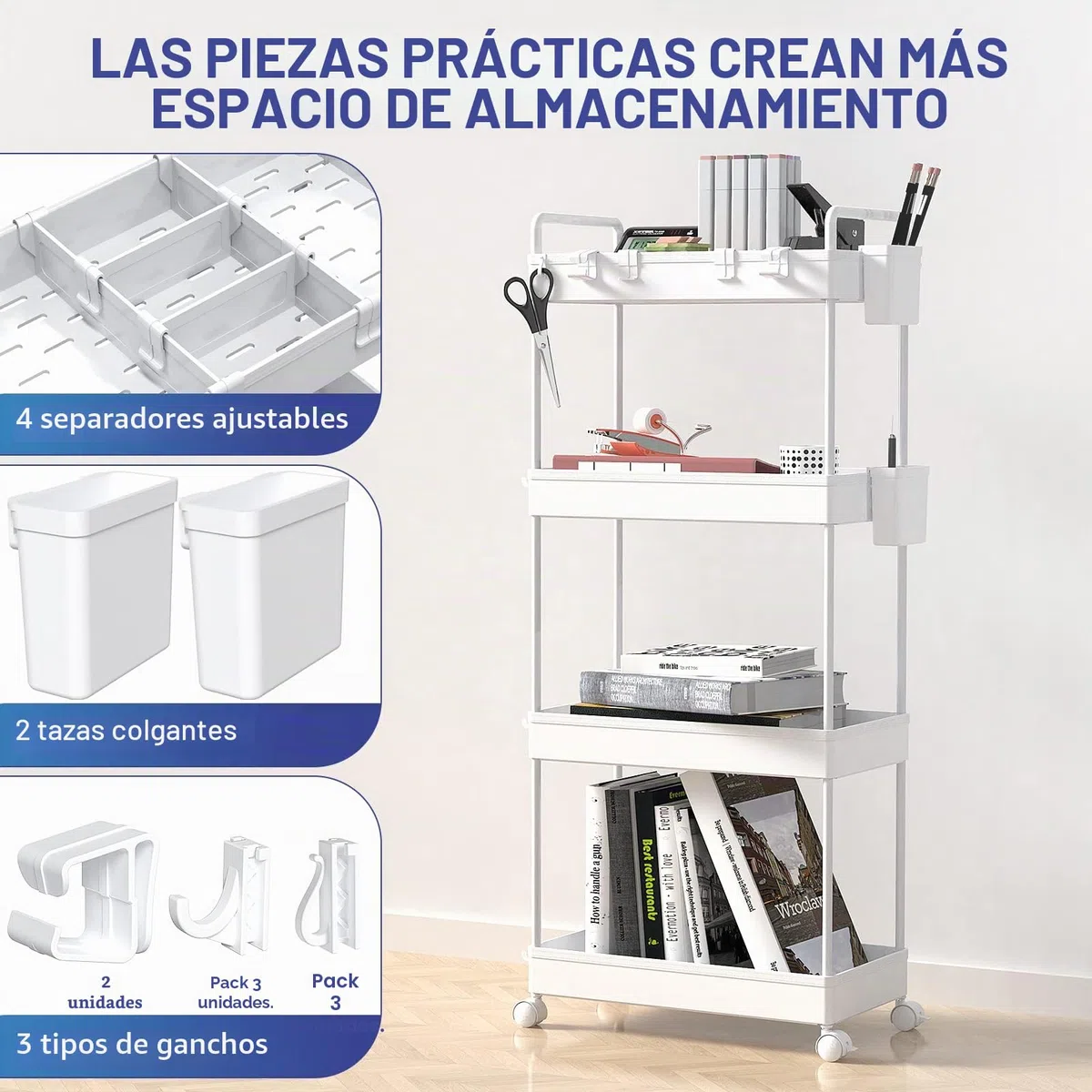 Ronlap Carrito de Almacenamiento con 4 Niveles, Carrito de Servicio con Ruedas, con Cesta y separadores, Blanco