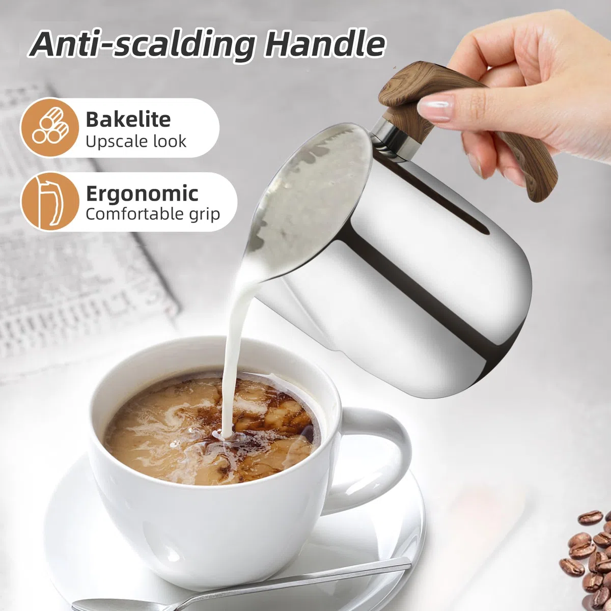 Jarra de acero inoxidable para espumar leche – 20 onzas (600 ml), jarra de vapor espresso con mango antiquemaduras para café, capuchino, arte con leche