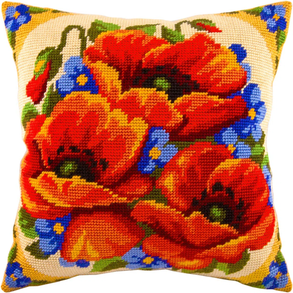 Poppies and Forget-Me-Nots. Kit de punto de aguja. Cojín de 40,6 x 40,6 cm. Lienzo de tapiz impreso, calidad europea