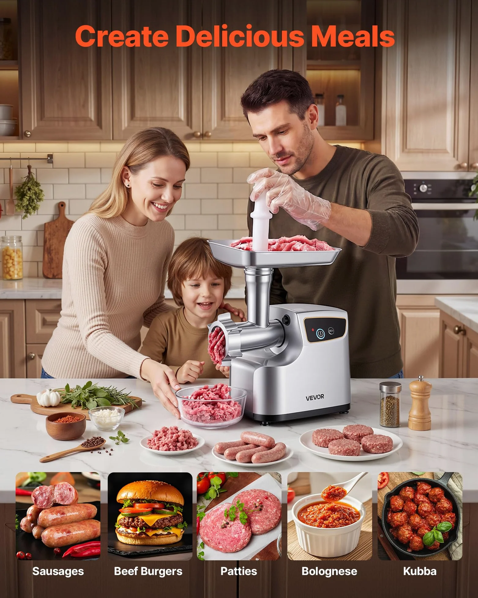 VEVOR Picadora de Carne 700 W 0,77 HP, Picadora de Carne Eléctrica Capacidad de 2,3 kg/min, con 3 Discos de Molienda, 3 Tubos de Embutir Salchichas, para Cocinas Domésticas, Restaurantes, Carnicerías