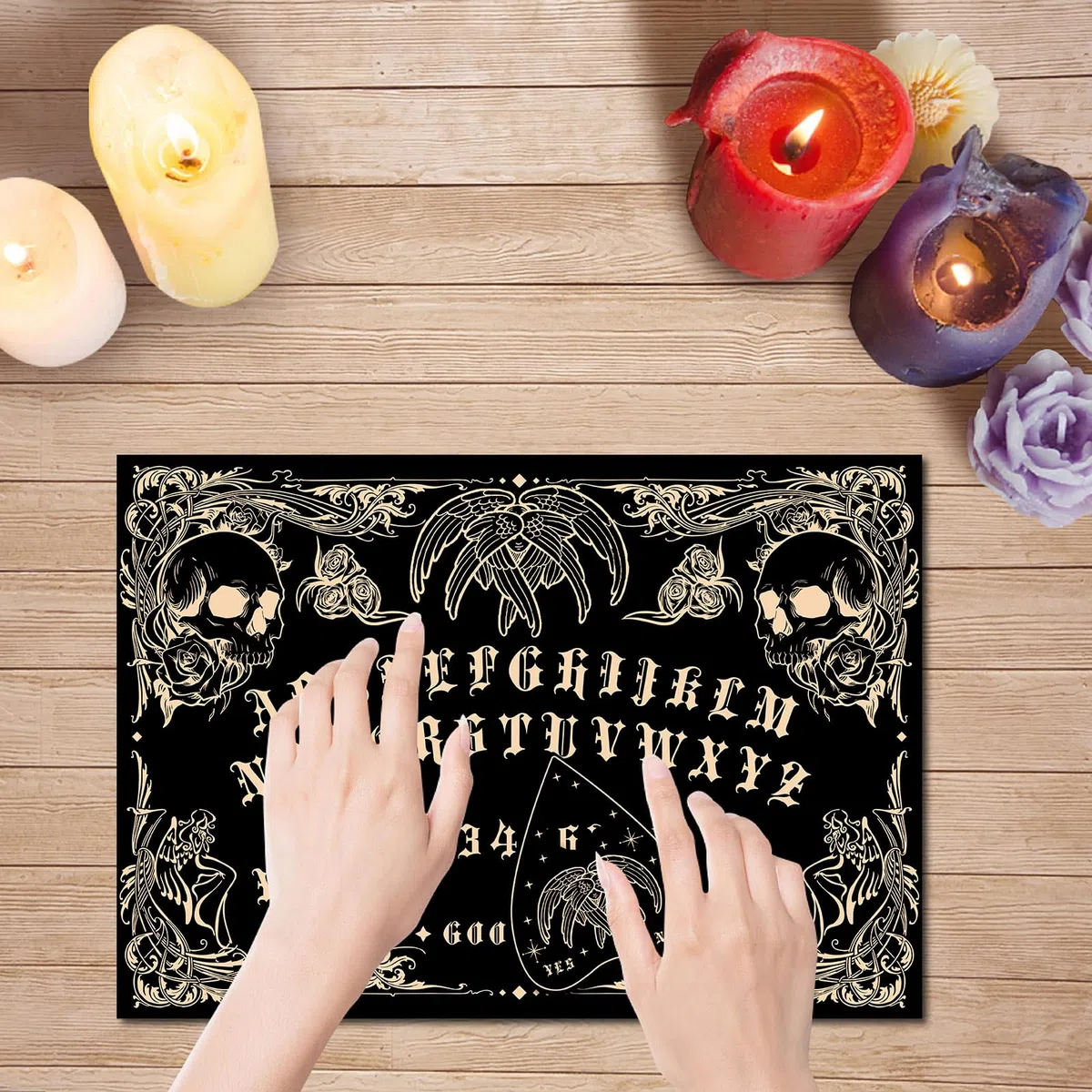CREATCABIN Tablero Parlante de Espíritu de Madera con Diseño de Calavera, Tablero de Adivinación de Péndulo Rectangular Negro con Planchette Spirit Hunt Decor, Kit de Suministros de Mensajes