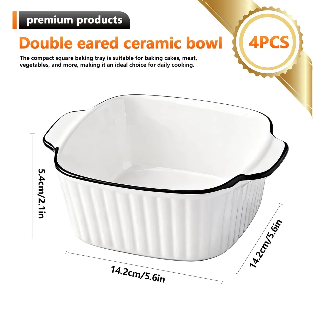 Juego de 4 cazuelas de cerámica de 400 ml, pequeñas 14,3 x 11 x 5,3 cm, moldes cuadrados con asas, apilables de cerámica para freidora de aire caliente, horno y microondas