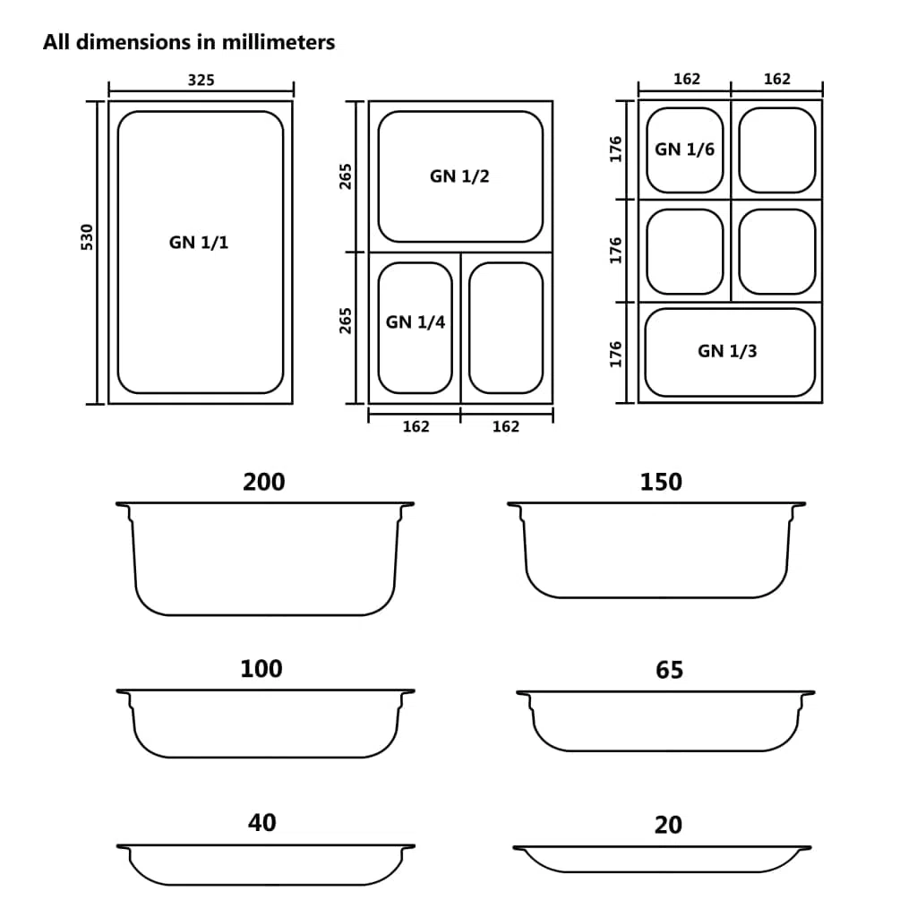 INLIFE Gastronorm 50892 - Contenedores (12 unidades, GN 1/3, 20 mm, acero inoxidable, 3,75 kg)
