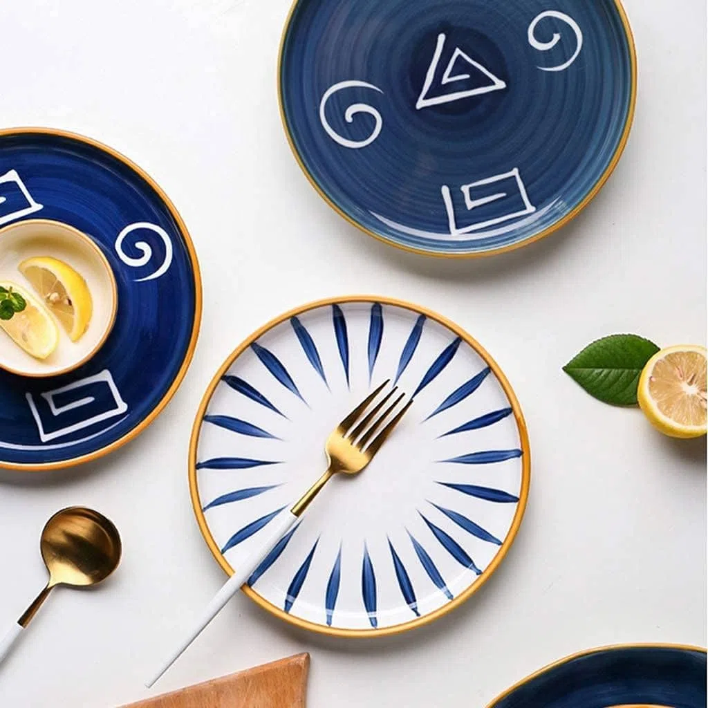 Juego de vajilla de Porcelana de 28 Piezas, Estilo japonés, de cerámica | Juego de vajilla con Plato y Cuenco para Restaurante, Color Azul, Blanco y Azul.,Blue
