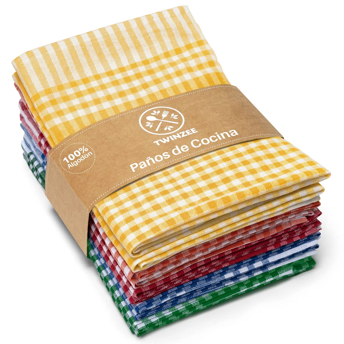 Twinzee - Set de 10 Textiles de Cocina a Cuadros - 100% Algodon - 47 x 67 cm - Diseño Retro - Paños de Cocina para secar la vajilla y Las Manos - 2 Azul, 2 Rojo, 2 Verde, 2 Naranja, 2 Amarillos