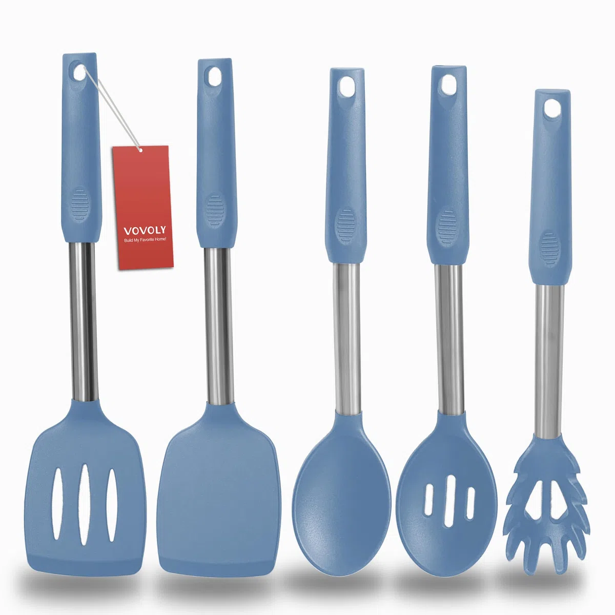 Espátula de silicona y cuchara de cocina, paquete de 5 cucharas y espátulas sólidas y ranuradas de silicona resistente al calor para cocina, mango de acero inoxidable recubierto con silicona,