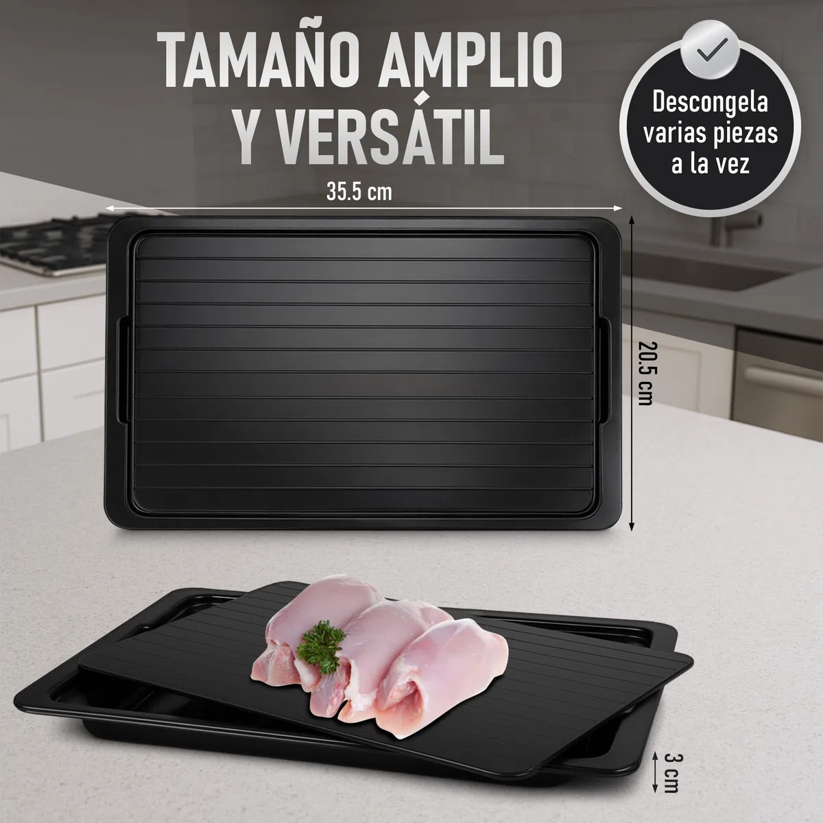 Tabla Descongelación Rápida Alimentos - Placa de Aluminio 35,5X20,5X0,2cm con Cepillo Silicona y Pincel - Bandeja Reutilizable y Profesional para Carne Pescado Pollo - Cocina Higiénica | Three Stars