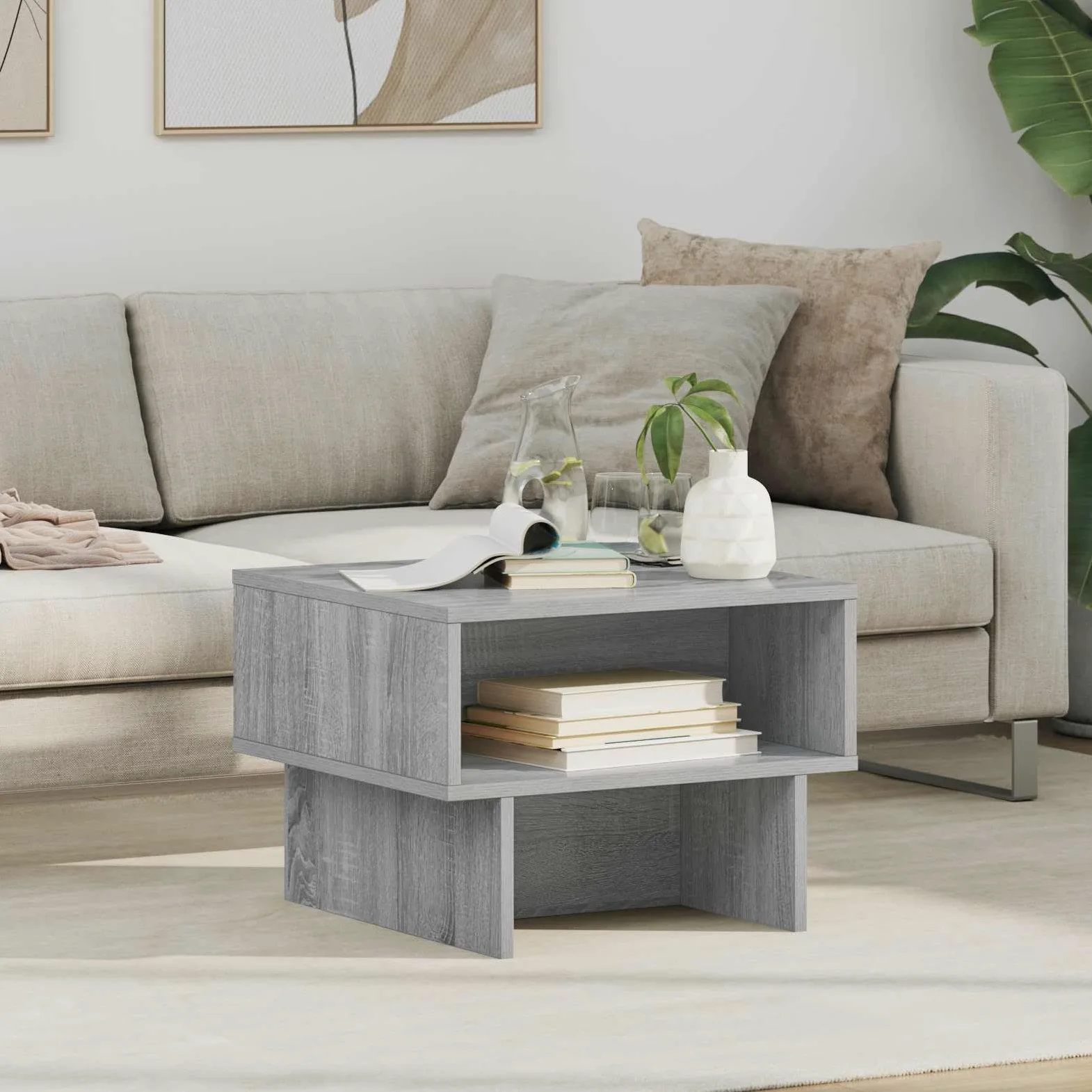 Mesa de centro Sonoma gris 48 x 46 x 35 cm, pequeña mesa auxiliar de madera para salón, moderna mesa de salón con 2 estantes, mesa de sofá compacta