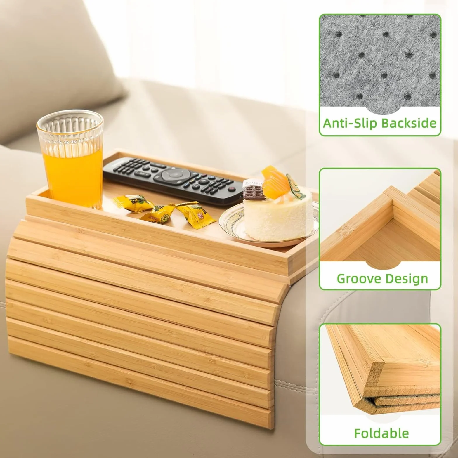Bandeja de Brazo para Sofá con Alfombrillas para Tazas, Mesa de Brazo de Sofá Plegable, Madera Antideslizante para Aperitivos, Mando, Tazas
