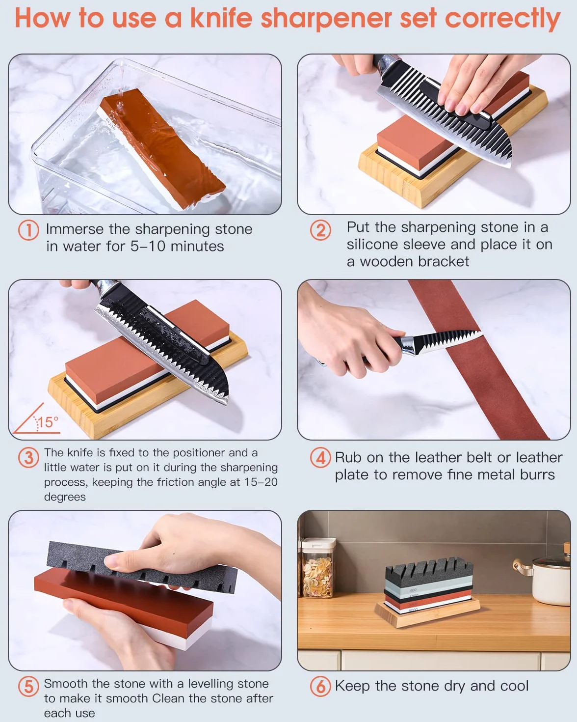 Profesional Piedra Afilar Cuchillos, Kit de Piedra de Afilar 400/1000 3000/8000 Grit para Cuchillos de Cocina, Con Base Antideslizante de Bambú, Guía de ángulo y piedra de aplanamiento