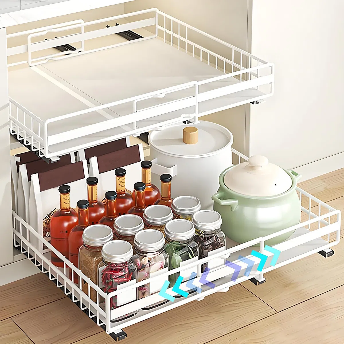 2 Cajones Extraibles para Cocina con Rieles Deslizantes (Juego M+L) | Ancho Ajustable Expandibles, Autoadhesivos/Perforadores con Nano Película para Cocina, Despensa, Sala de Estar (Blanco)