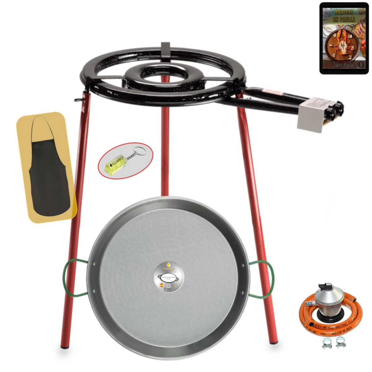 COMBOI Paellero gas butano, Kit Profesional, Quemador plano 35 cm, Paellera Pulida 46 cm, Regulador, Manguera, Soporte Patas, Nivel, Delantal, Libro Recetas Digital (Kit Paellero Pro 35 cm)