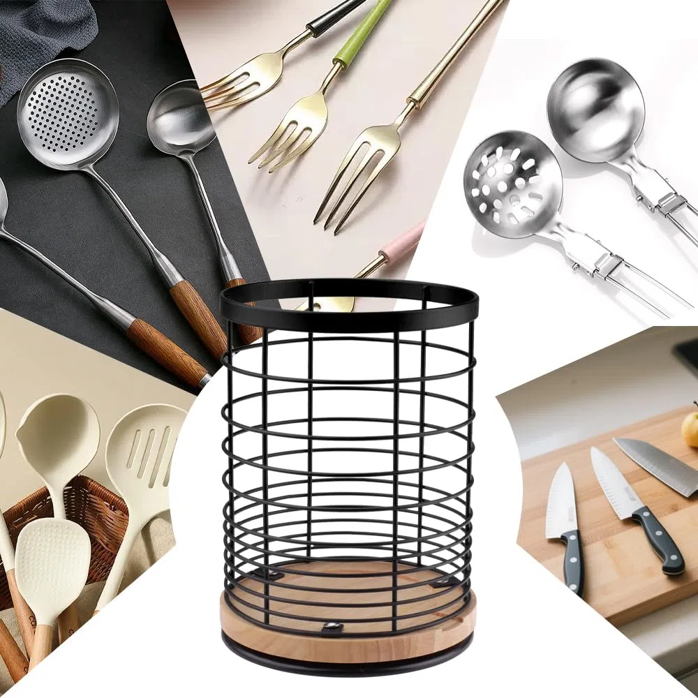 Giratorio Soporte para Utensilios de Cocina Redondo Organizador de Utensilios de Acero Inoxidable con Base de Madera Grande Escurre Cubiertos de Cocina, 13.5 x 13.5 x 18.5 cm (Negro)