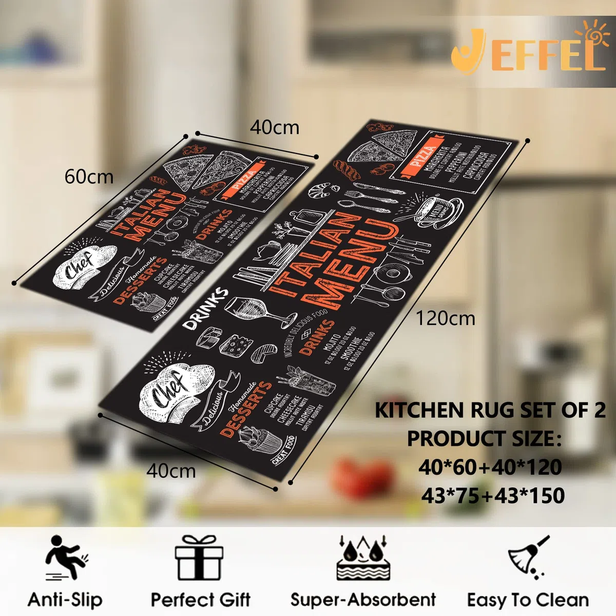 Juego de Alfombrillas de Cocina Antideslizantes y duraderas, 2 Piezas Lavables para Cocina, lavandería, Dormitorio (A, 40 x 60 + 40 x 120 cm)