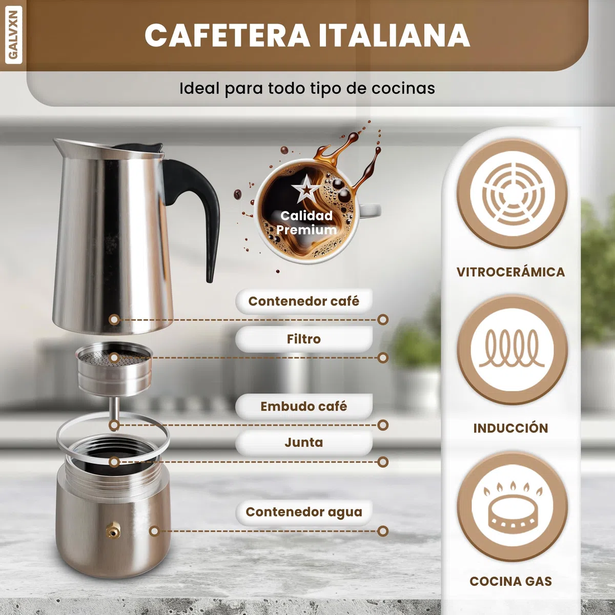CAFETERA ITALIANA ~ Cafetera Italiana Inducción ~ Cafetera Italiana Acero Inoxidable ~ Cafetera 9 Tazas(450ml) ~ Coffee Maker ~ Compatible Con Todos Los Tipo De Cocinas: Gas, Vitrocerámica e Inducción