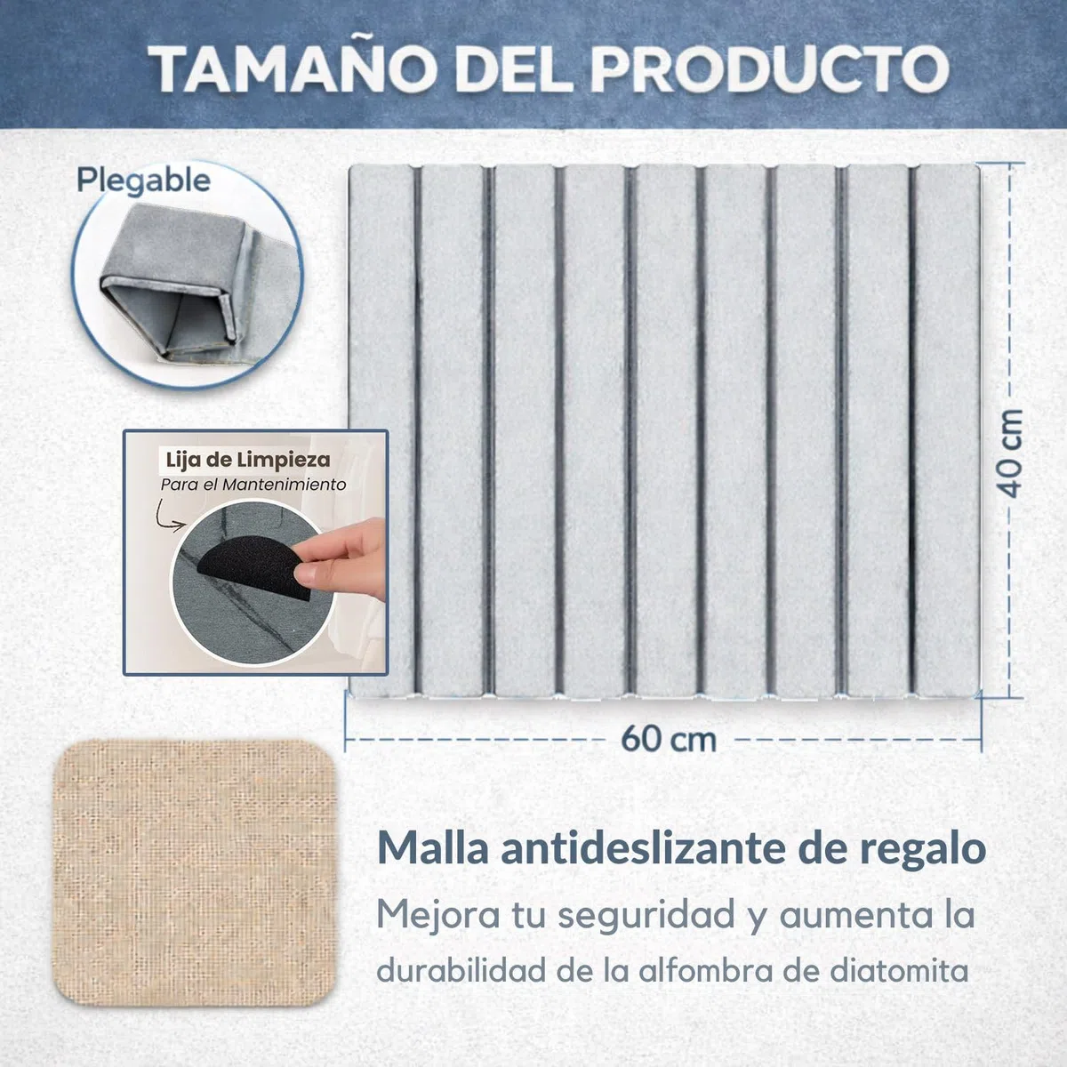 Alfombra Baño Diatomita XL 60x40cm Enrollable Secado Rápido + Malla Antideslizante – de Piedra Diatomea Anti Moho y Sin Olores – Ultra Absorbente Antideslizante para Ducha - Alta Absorción | Blanco