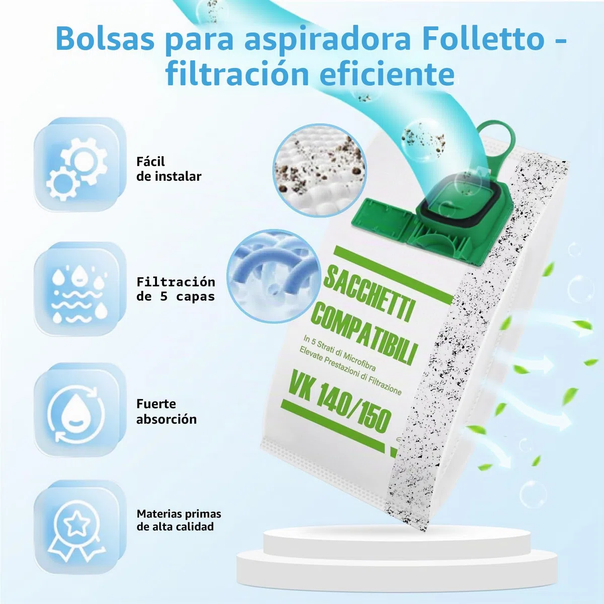 12 Bolsa para AspiradoraVorwerk Kobold VK140 VK150 con 2 Filtros