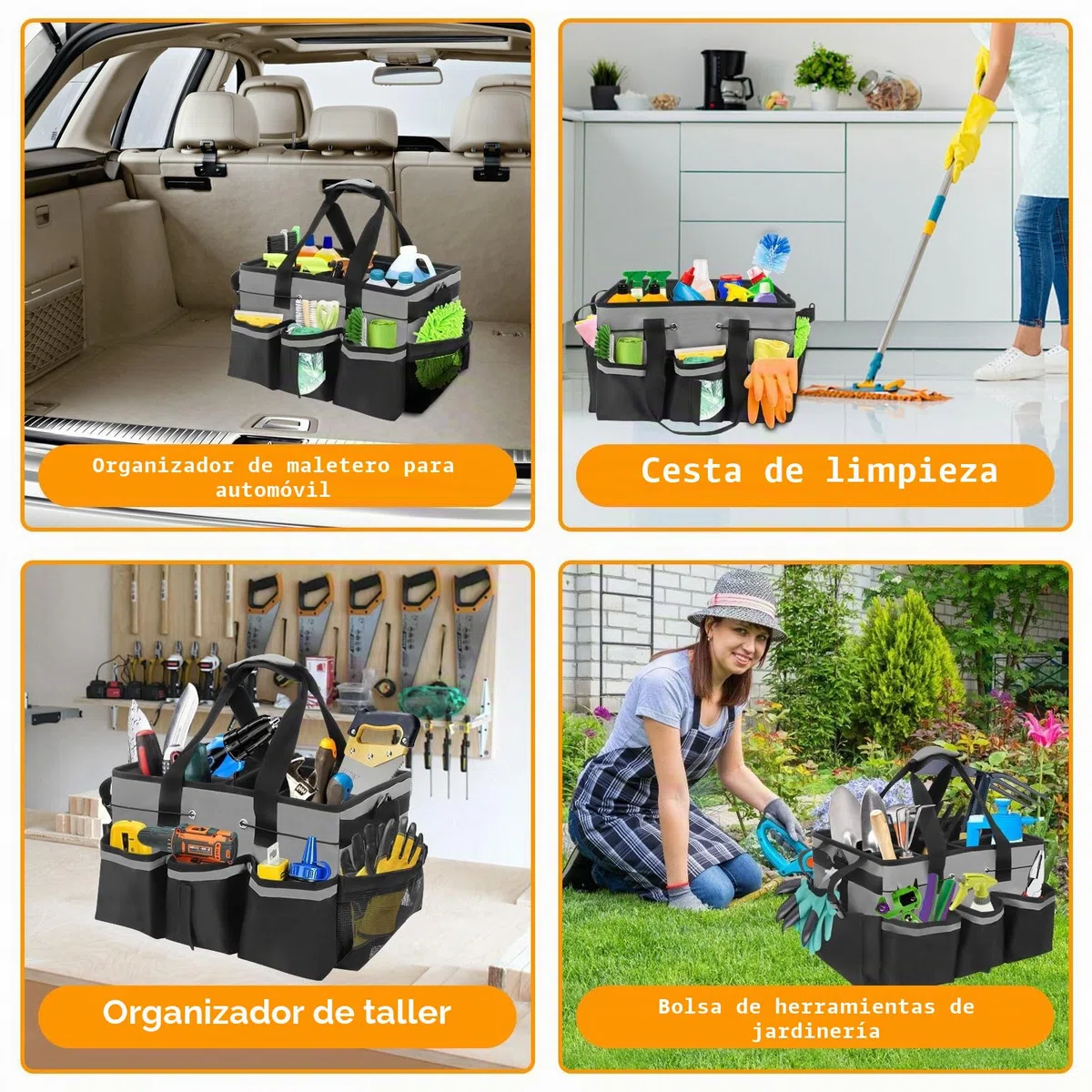 Organizador Caddy Limpieza Grande, Bolsa Limpieza Portátil con Asa y Correas, Carro limpieza con 5 Divisores Plegables, Multifunción Espesado Cesta de Herramientas para Casa, Coche, Jardín (gris)