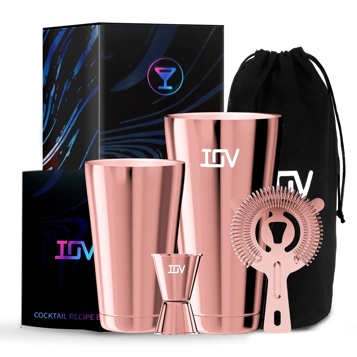 IOV Boston - Juego de coctelera para bar, juego de mezclador de bebidas con agitadores Boston de 18 y 28 onzas, colador Hawthorne, medidor doble, kit de herramientas de barra y folleto de recetas, oro
